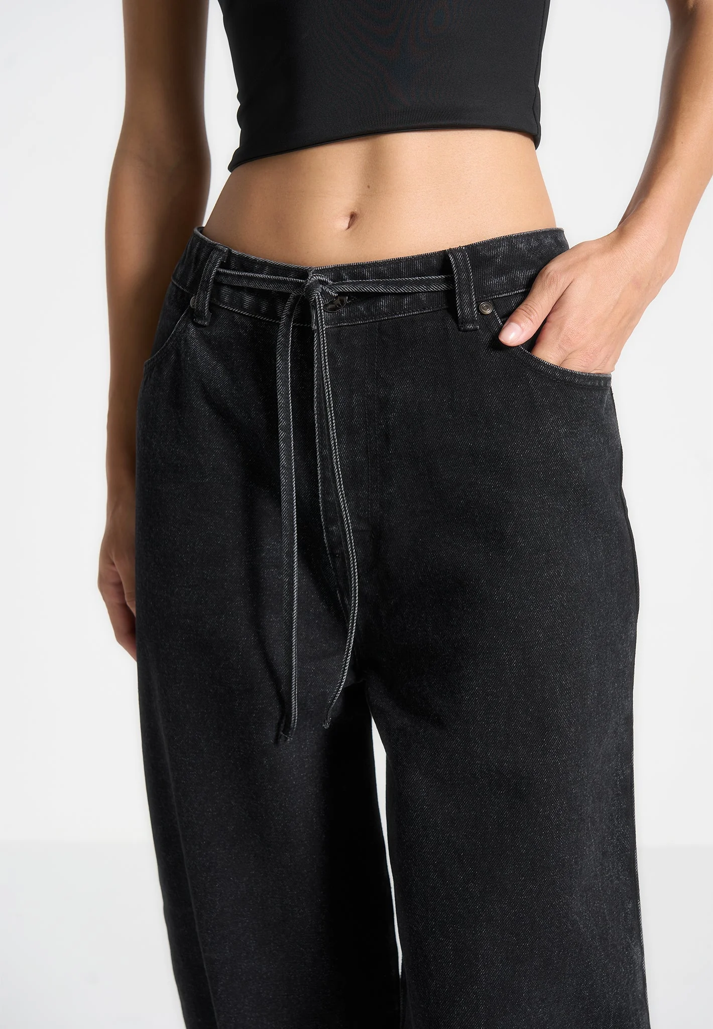 Faye - Wide Mid Rise Jeans with Tie Waist - Washed Black - Image 5