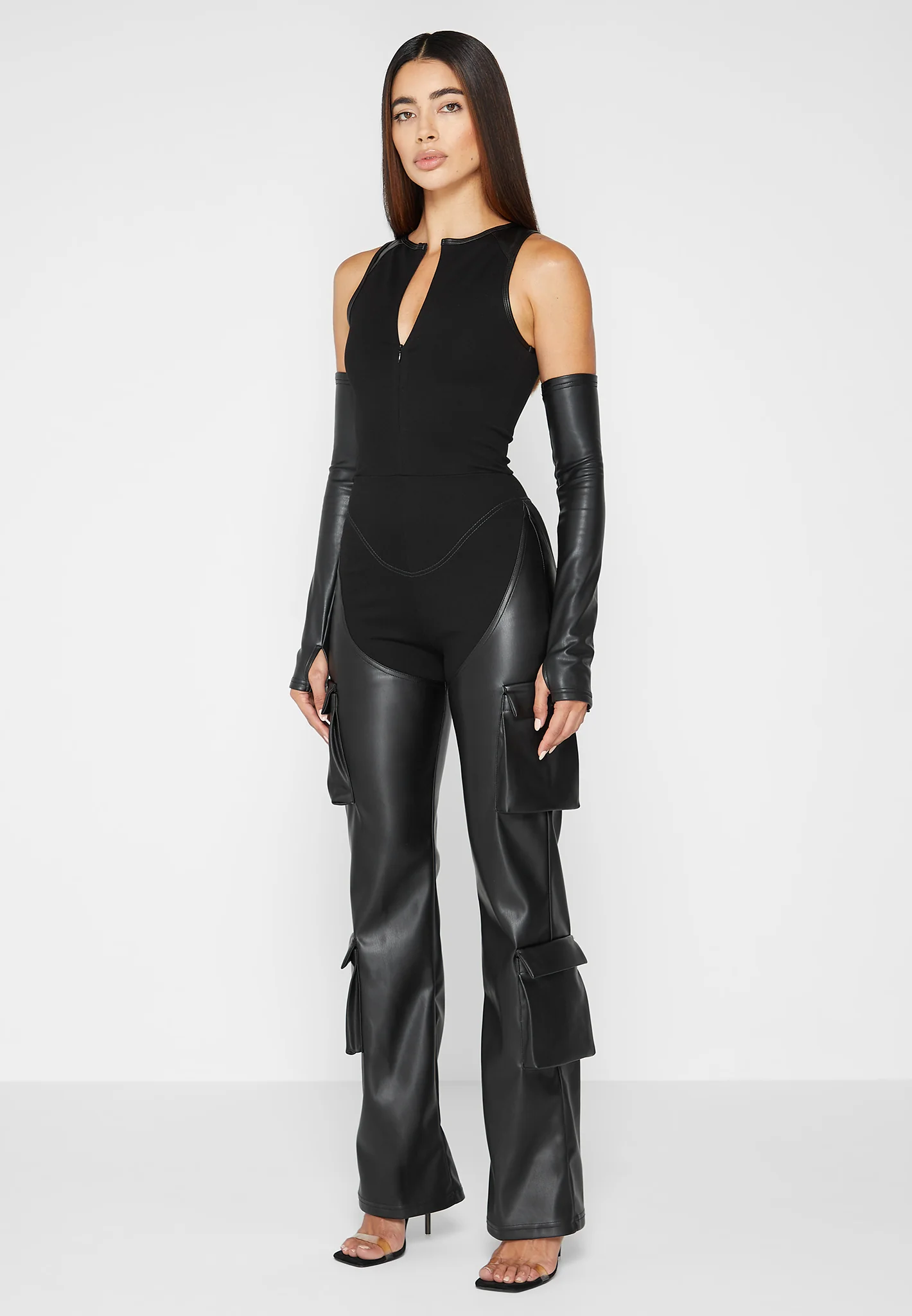 Bandage and Leather Racer Neck Cargo Pocket Jumpsuit - Black - Image 3