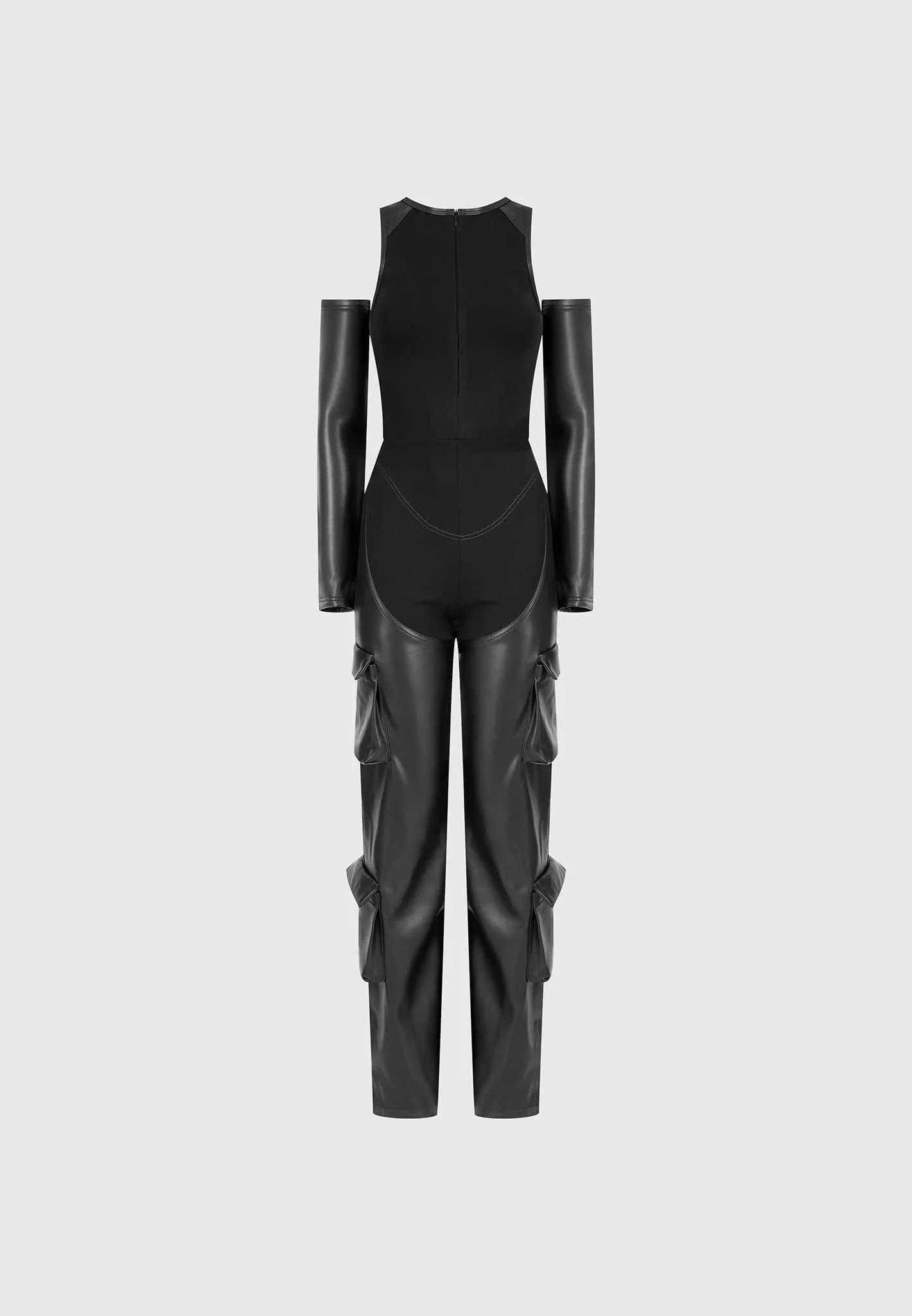 Bandage and Leather Racer Neck Cargo Pocket Jumpsuit - Black - Image 8