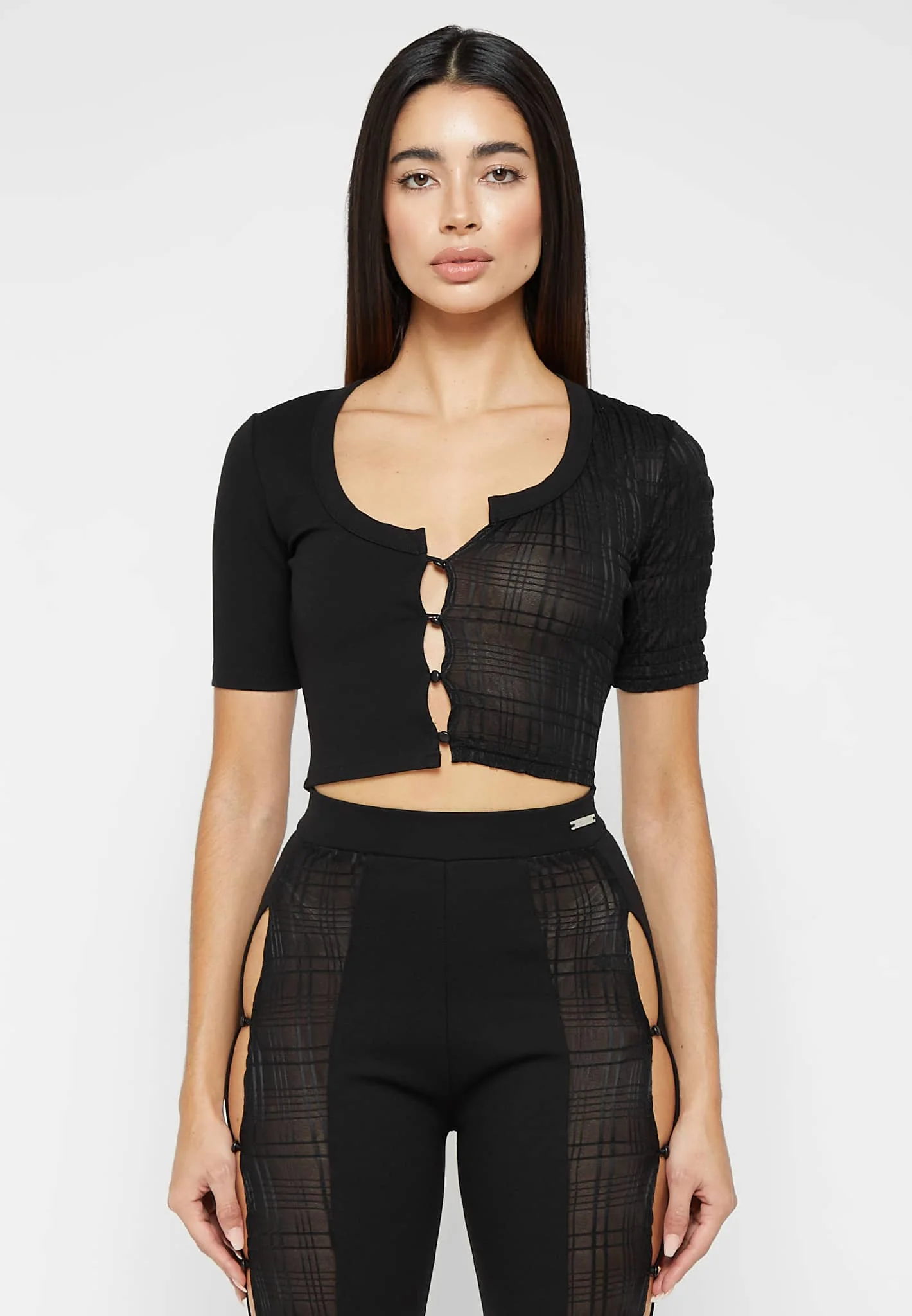 Bandage & Mesh Asymmetric Crop Top - Black - Image 2