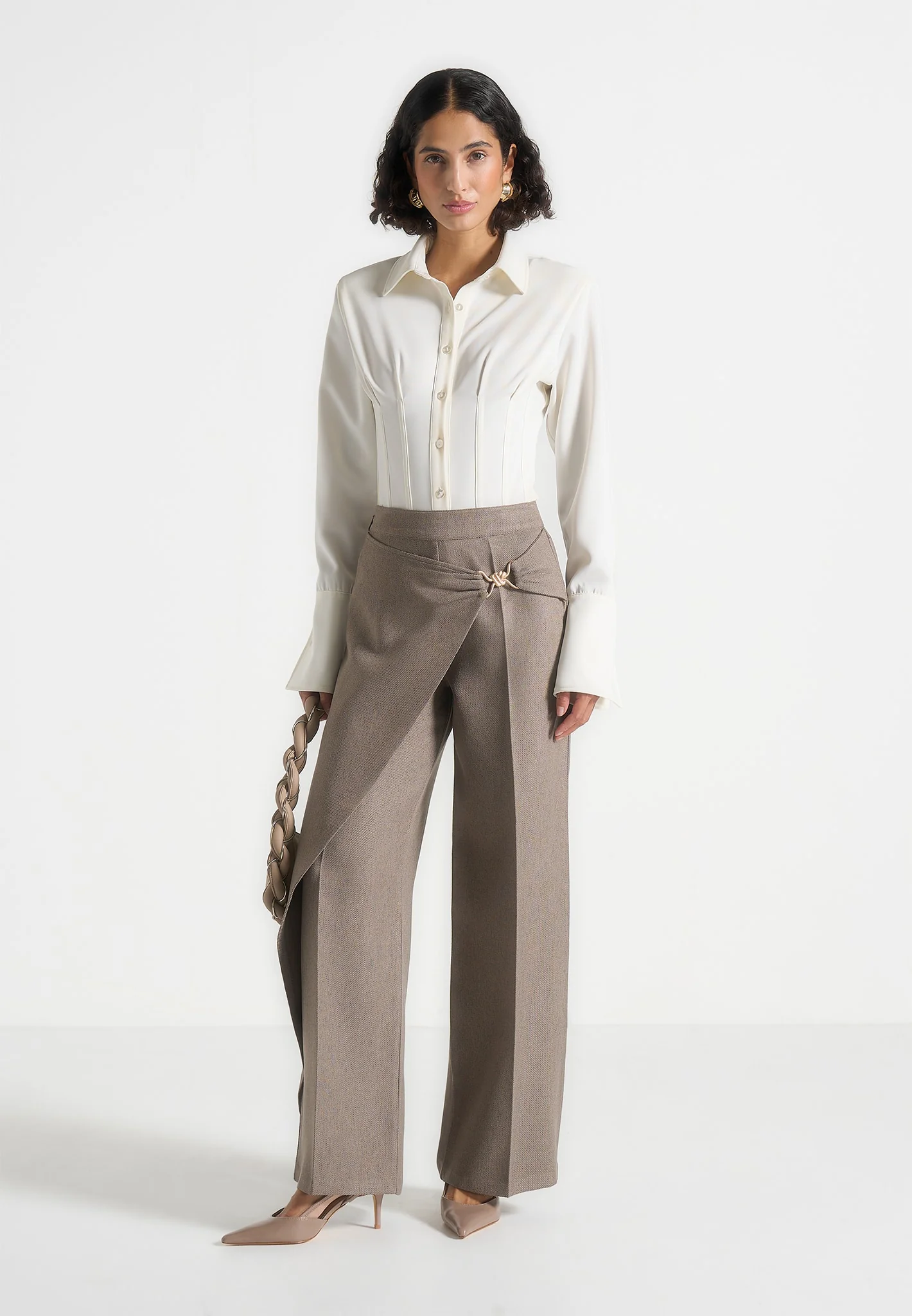 Beryl - Wrap Tailored Trousers With Hardware Detail - Taupe