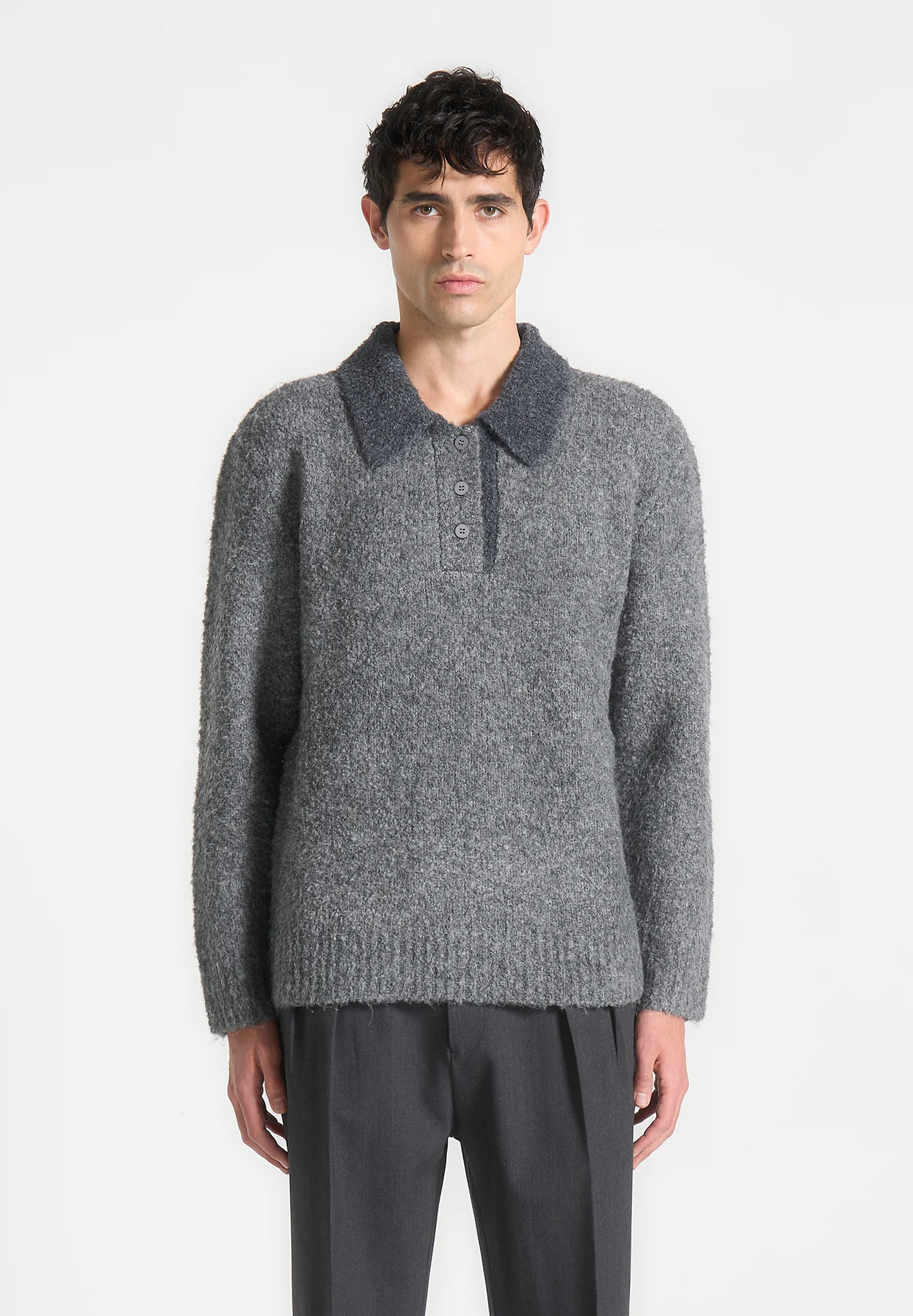 Boucle Knit Contrast Polo Jumper - Grey - Image 3