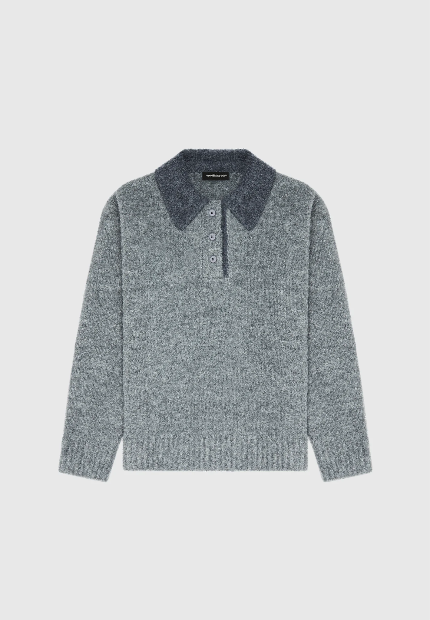 Boucle Knit Contrast Polo Jumper - Grey - Image 5