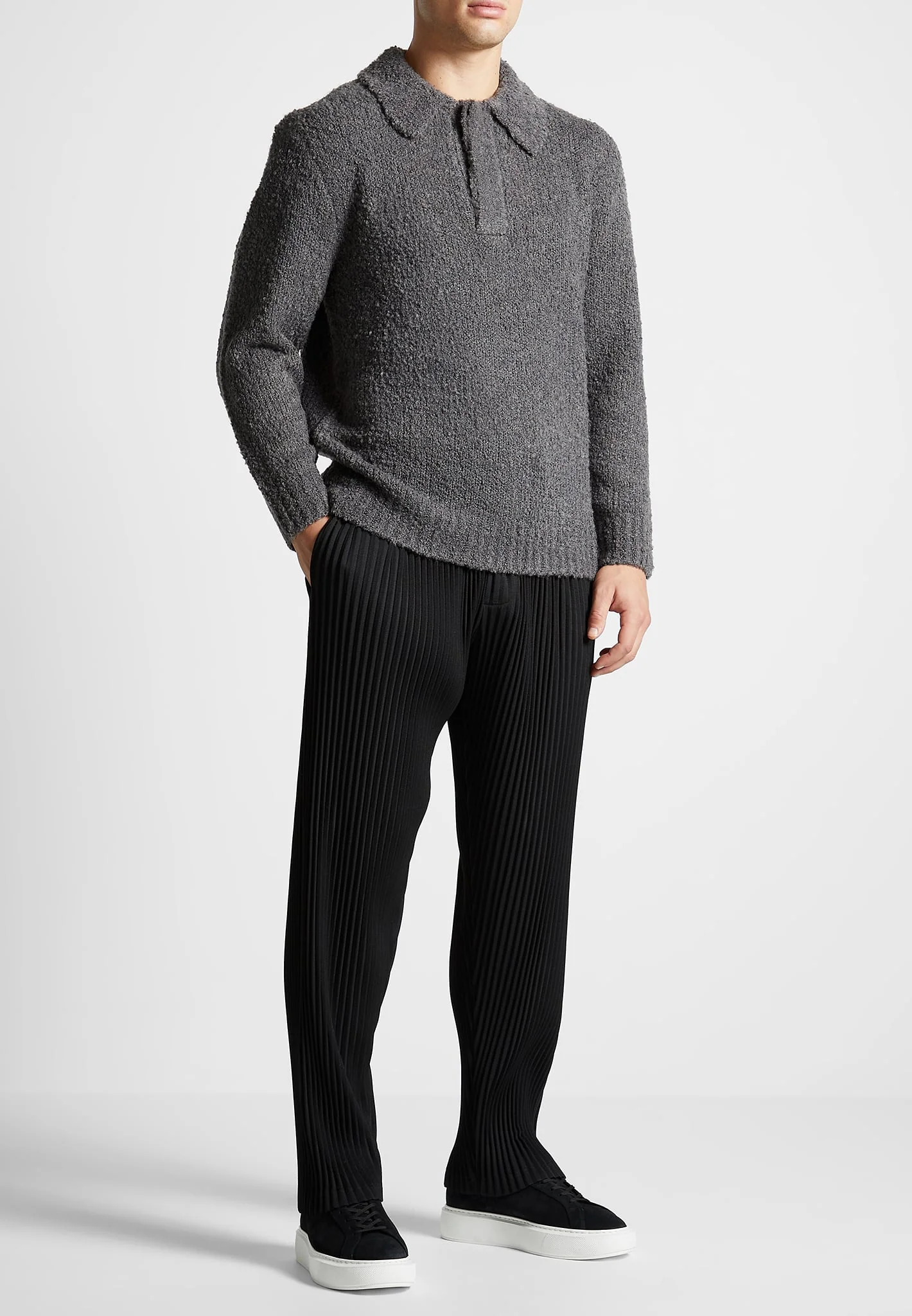 Boucle Knit Polo Jumper - Grey - Image 2
