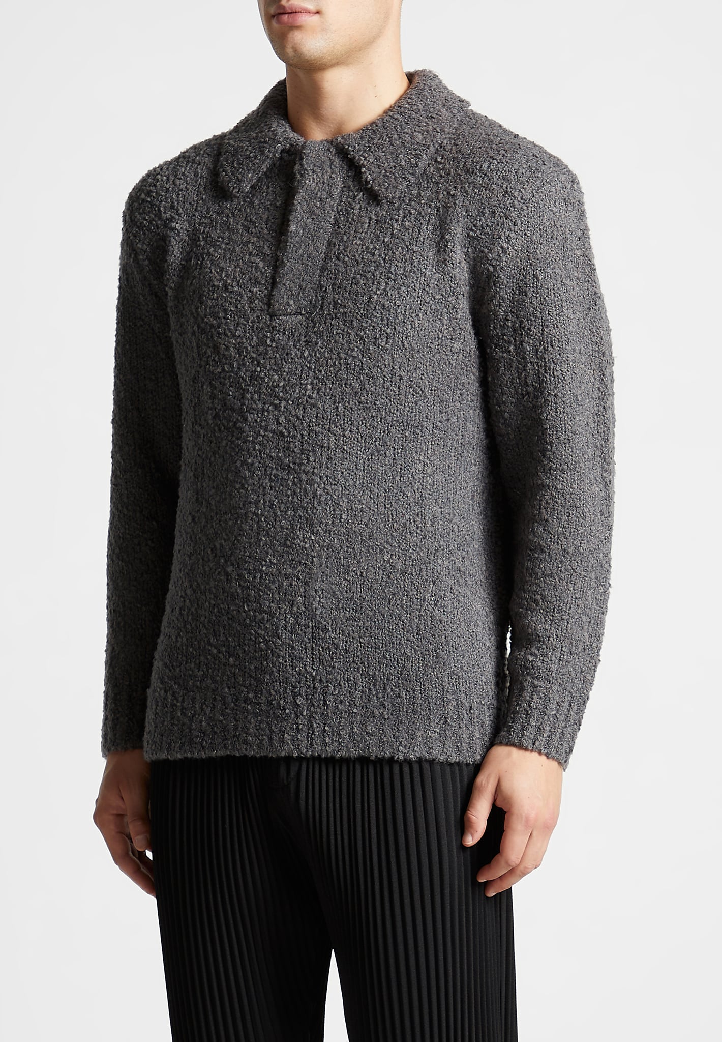 Boucle Knit Polo Jumper - Grey - Image 4