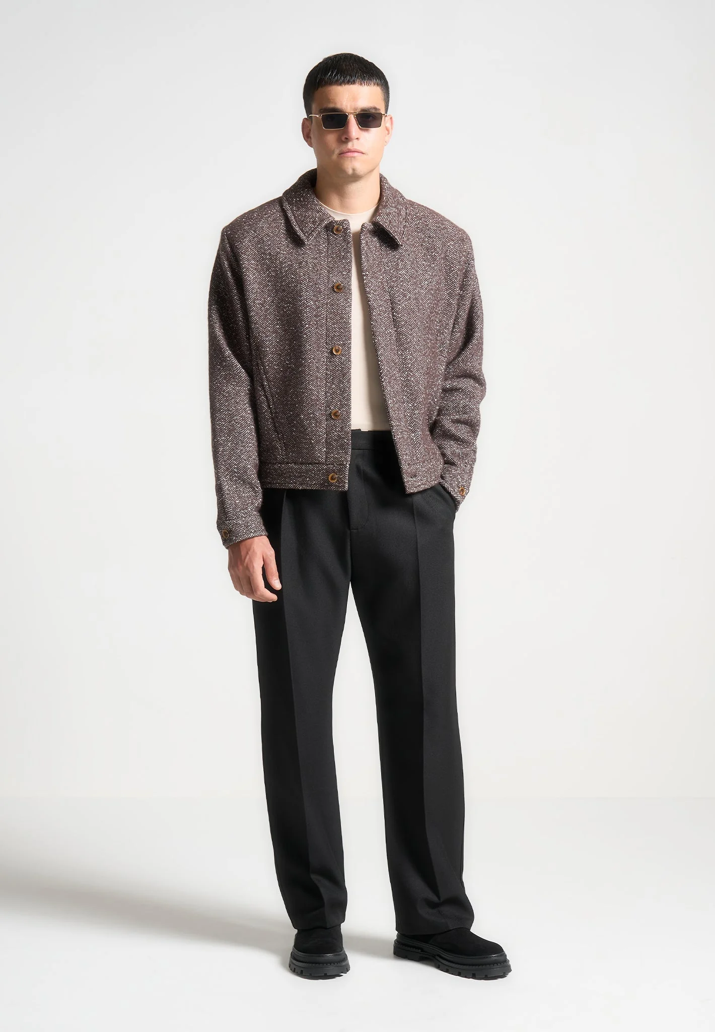 Boxy Herringbone Wool Blend Jacket - Brown - Image 2