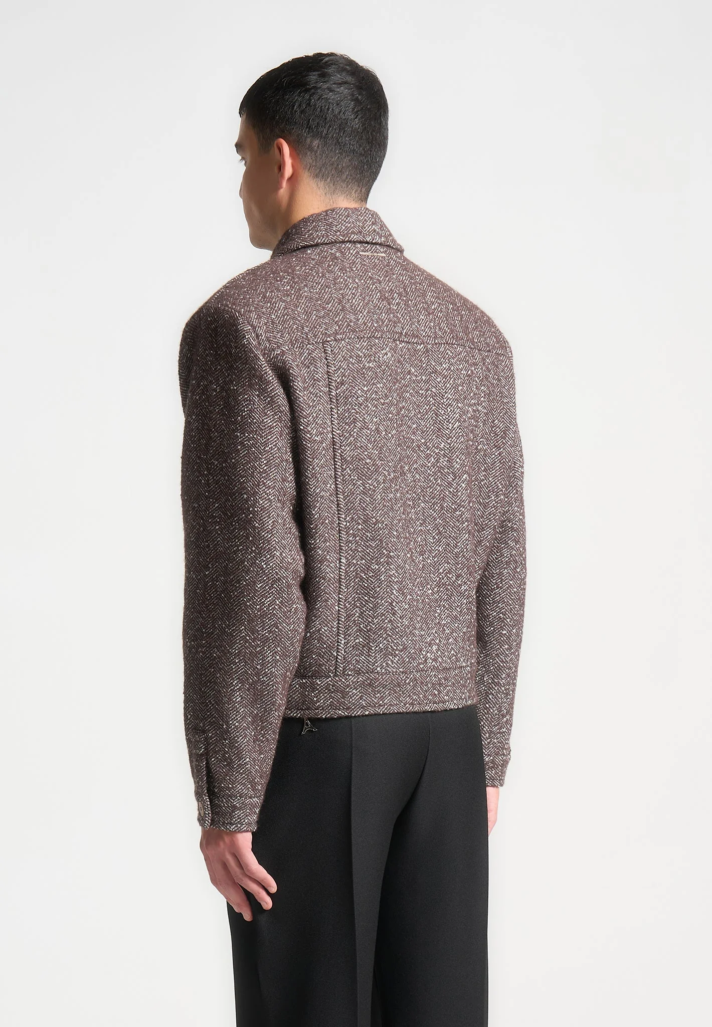 Boxy Herringbone Wool Blend Jacket - Brown - Image 3