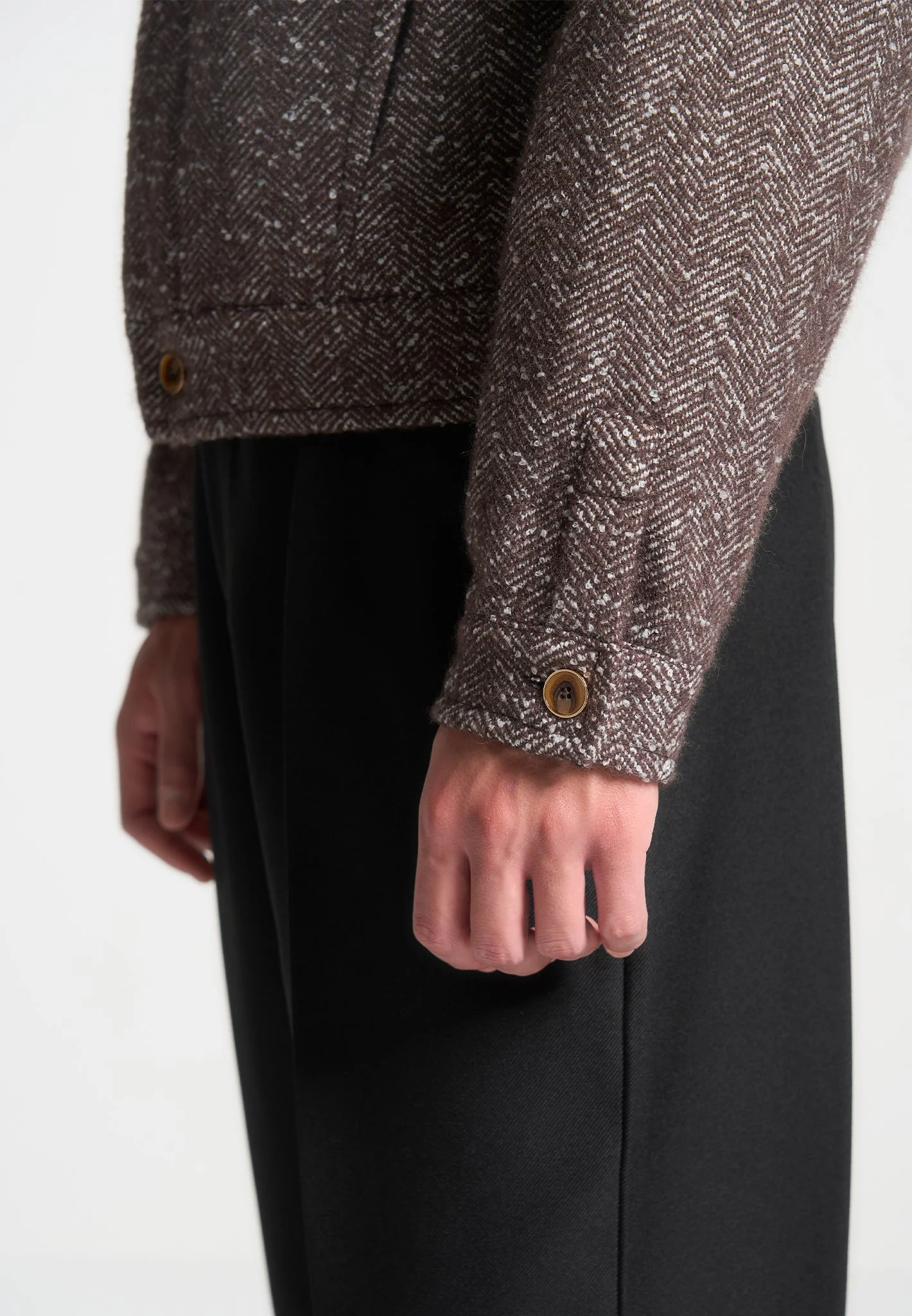 Boxy Herringbone Wool Blend Jacket - Brown - Image 4