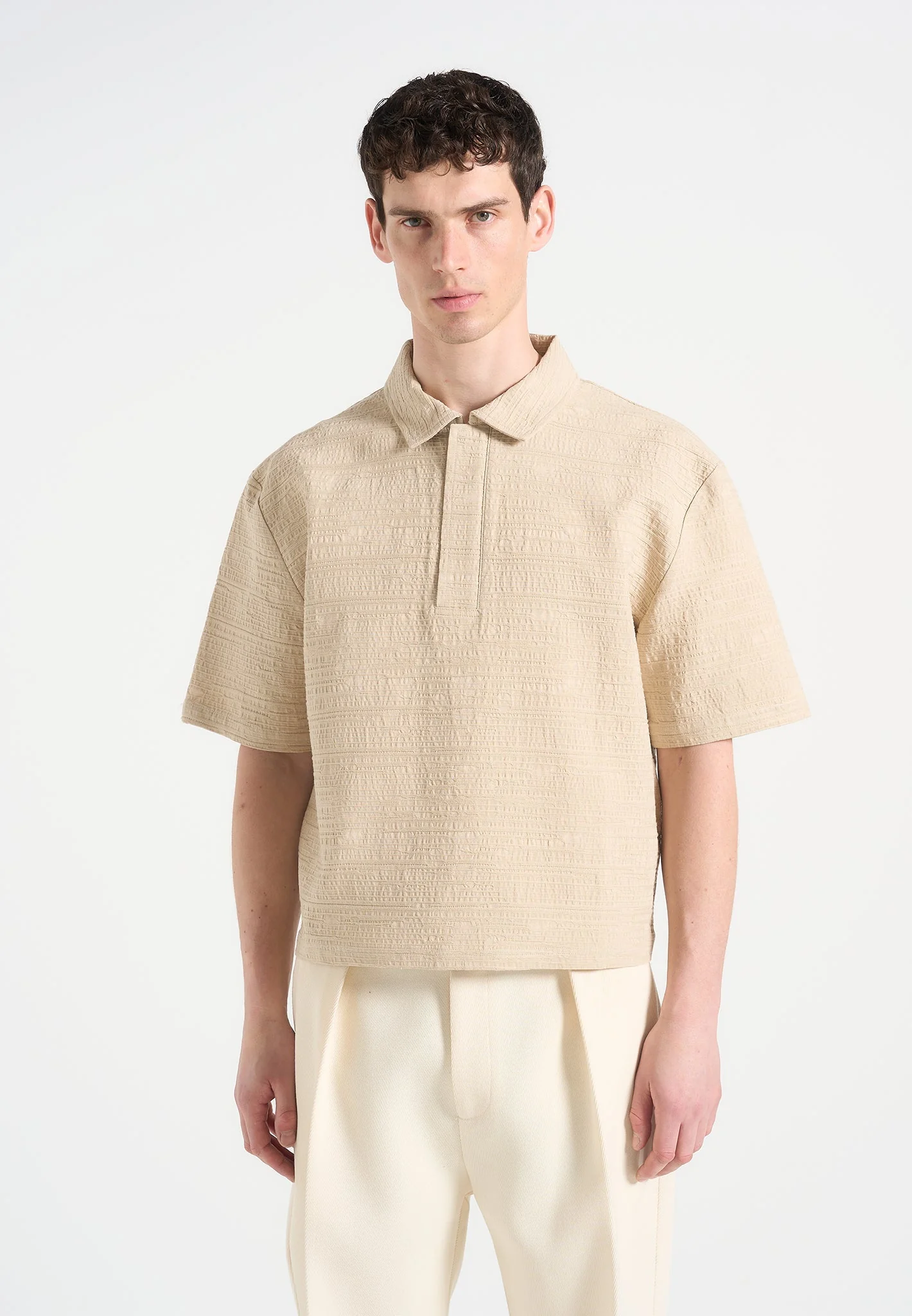Simon - Boxy Textured Polo Shirt - Beige