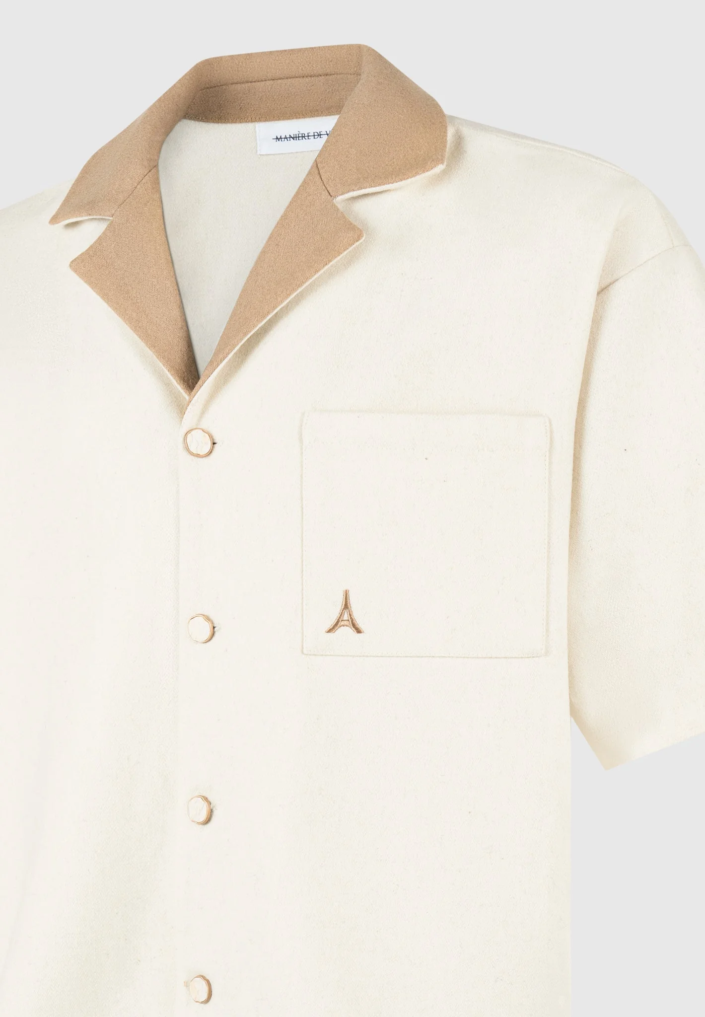 Boxy Wool Revere Shirt - Cream/Brown - Image 6