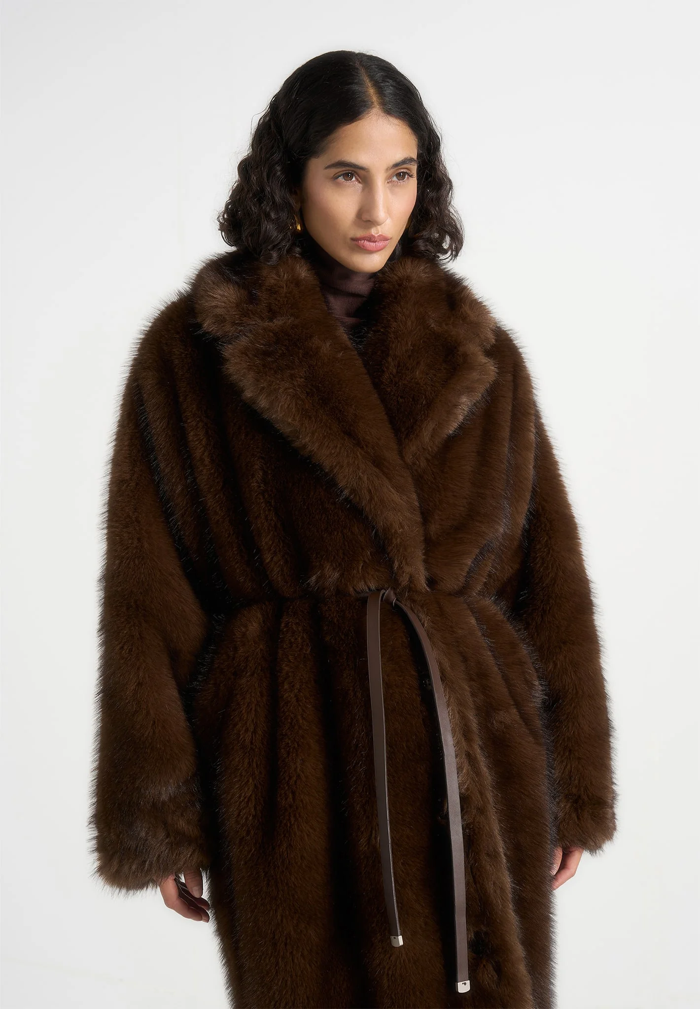 Bria - Oversized Fur Coat With Leather Belt - Brown - Image 3
