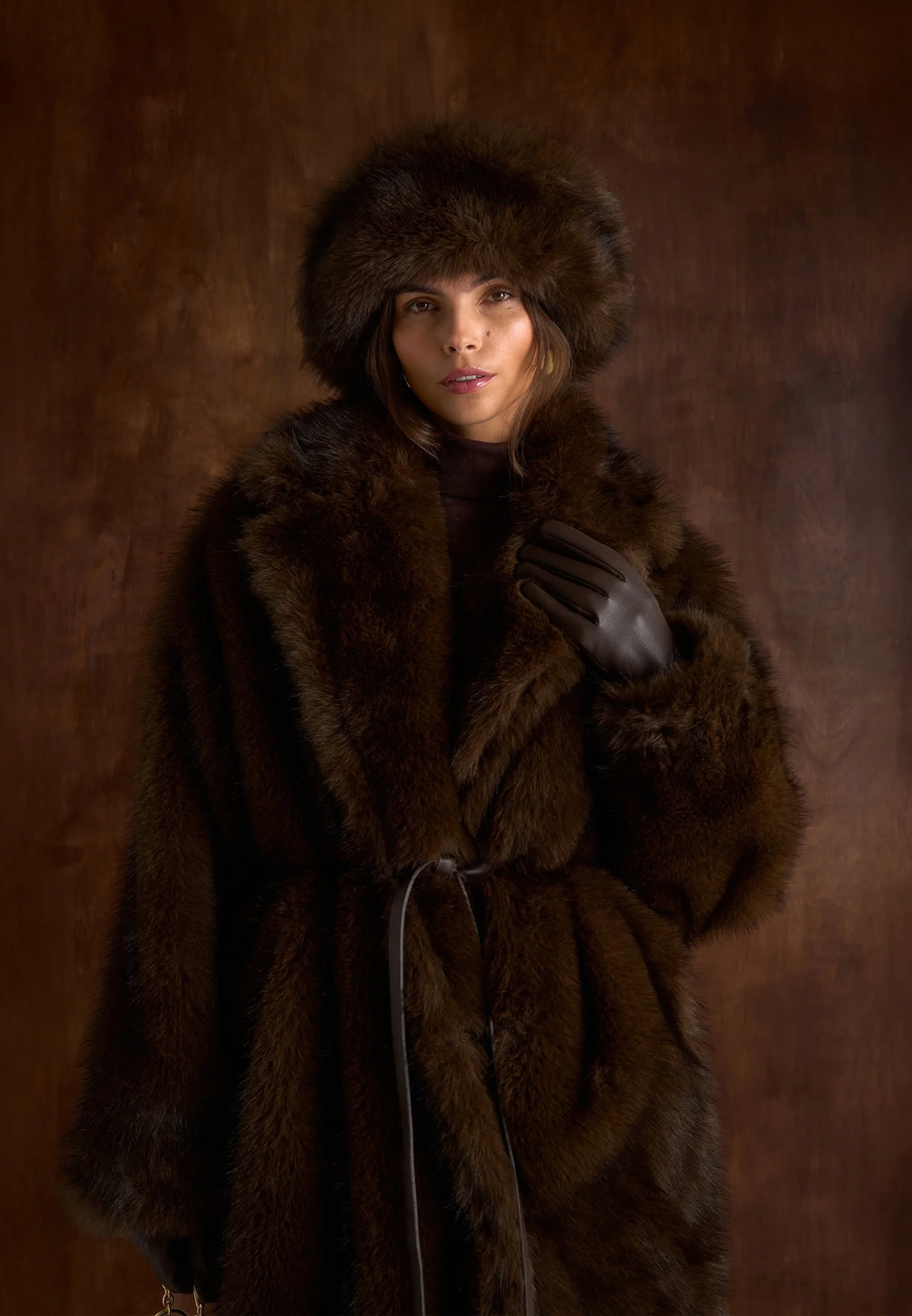 Bria - Oversized Fur Coat With Leather Belt - Brown - Image 4