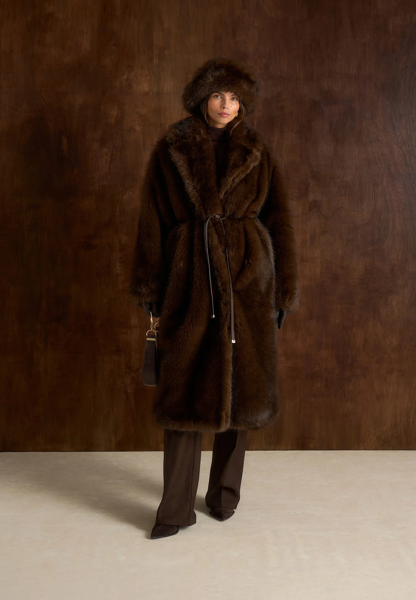 Bria - Oversized Fur Coat With Leather Belt - Brown - Image 5