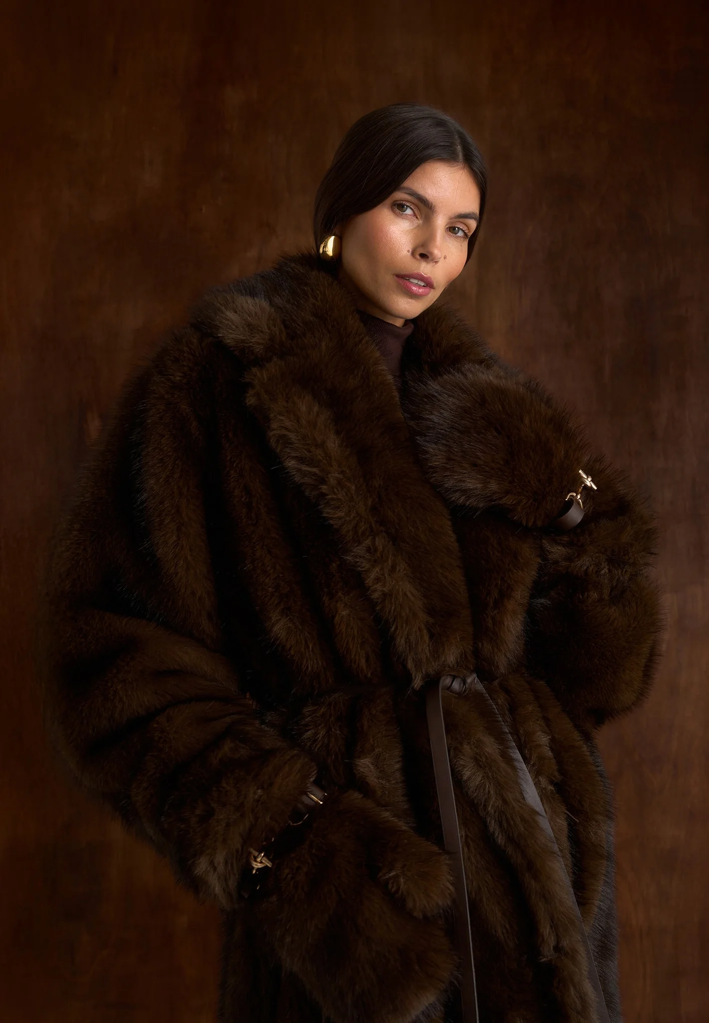 Bria - Oversized Fur Coat With Leather Belt - Brown - Image 7