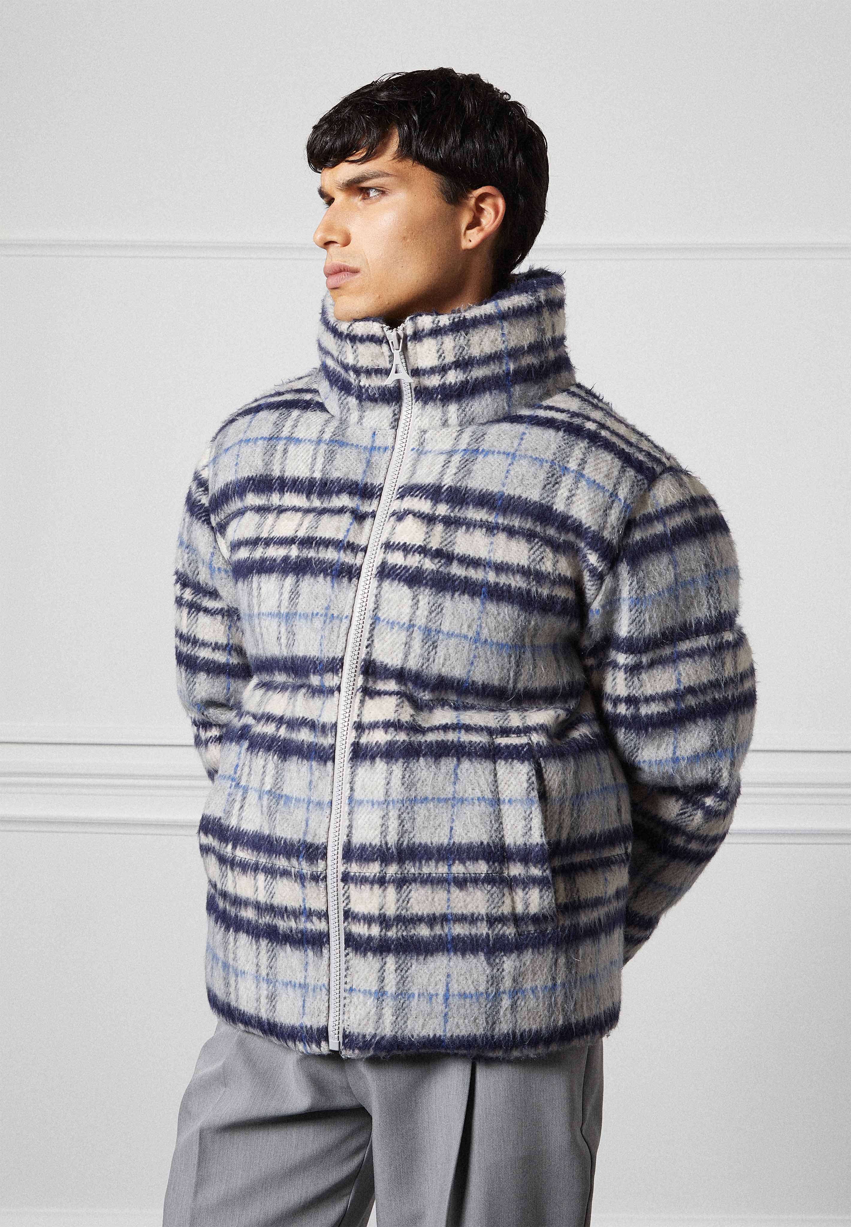 Brushed Check Puffer Jacket - Blue - Image 8