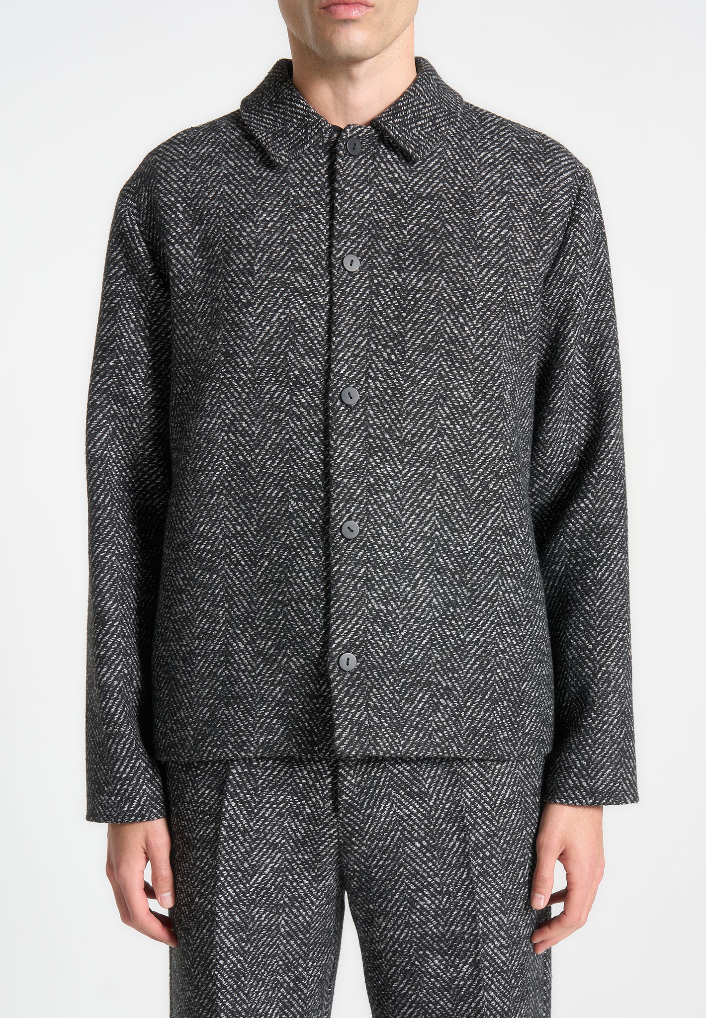 Brushed Herringbone Shacket - Black - Image 3