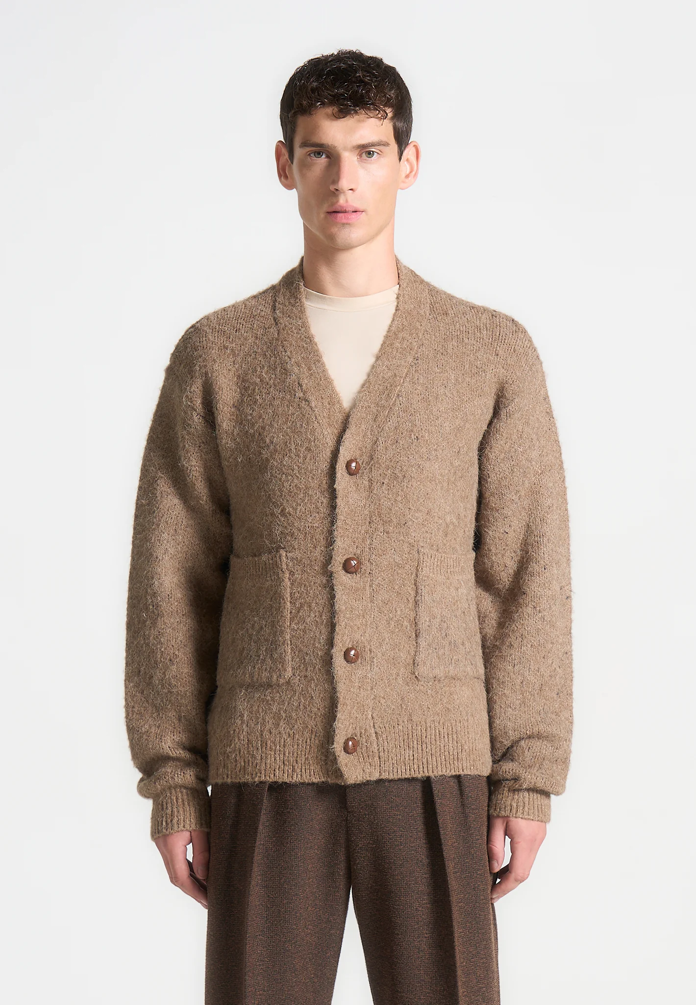 Brushed Wool Knit Cardigan - Beige