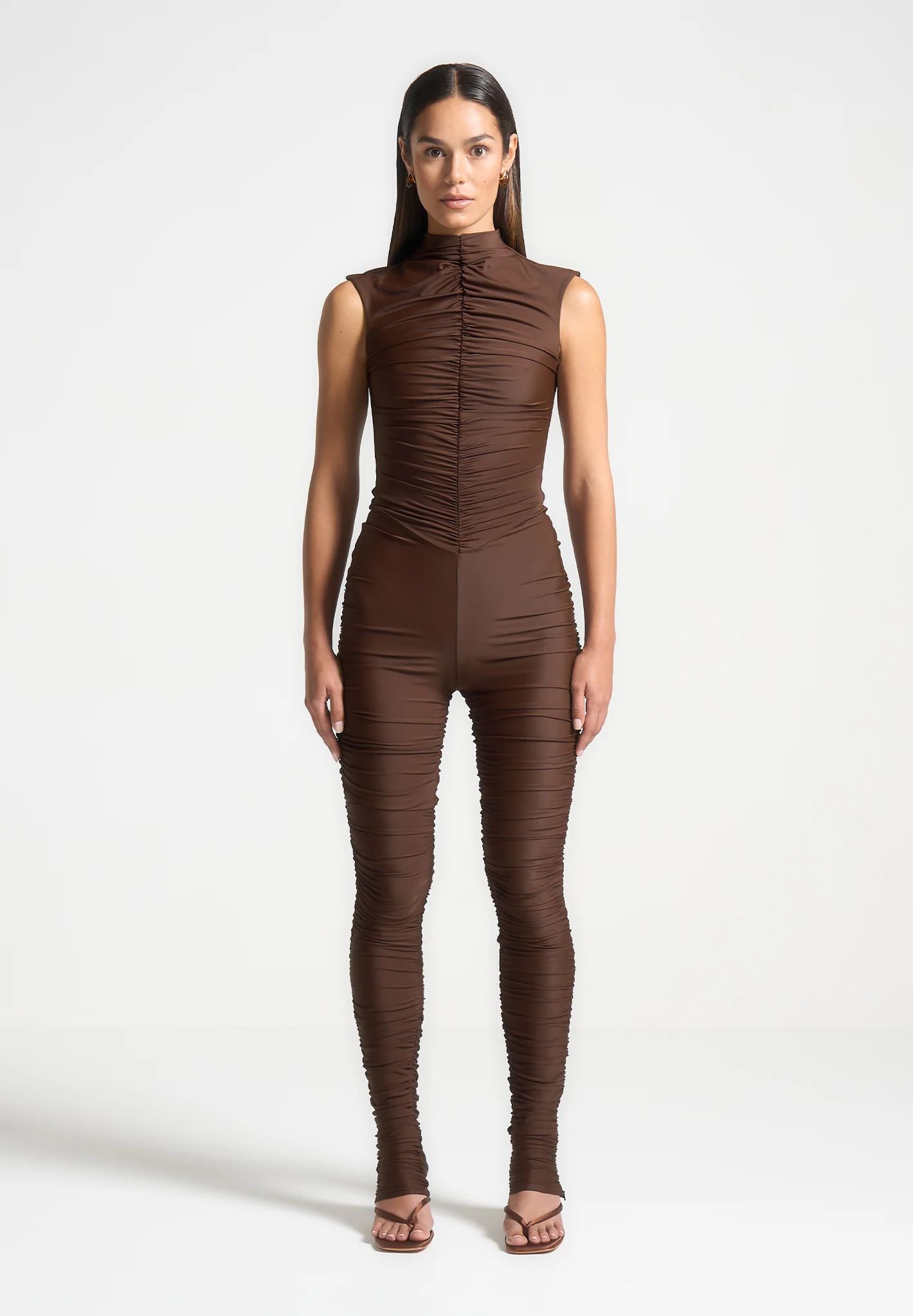 Cap Sleeve Ruched Jumpsuit - Brown - Image 2