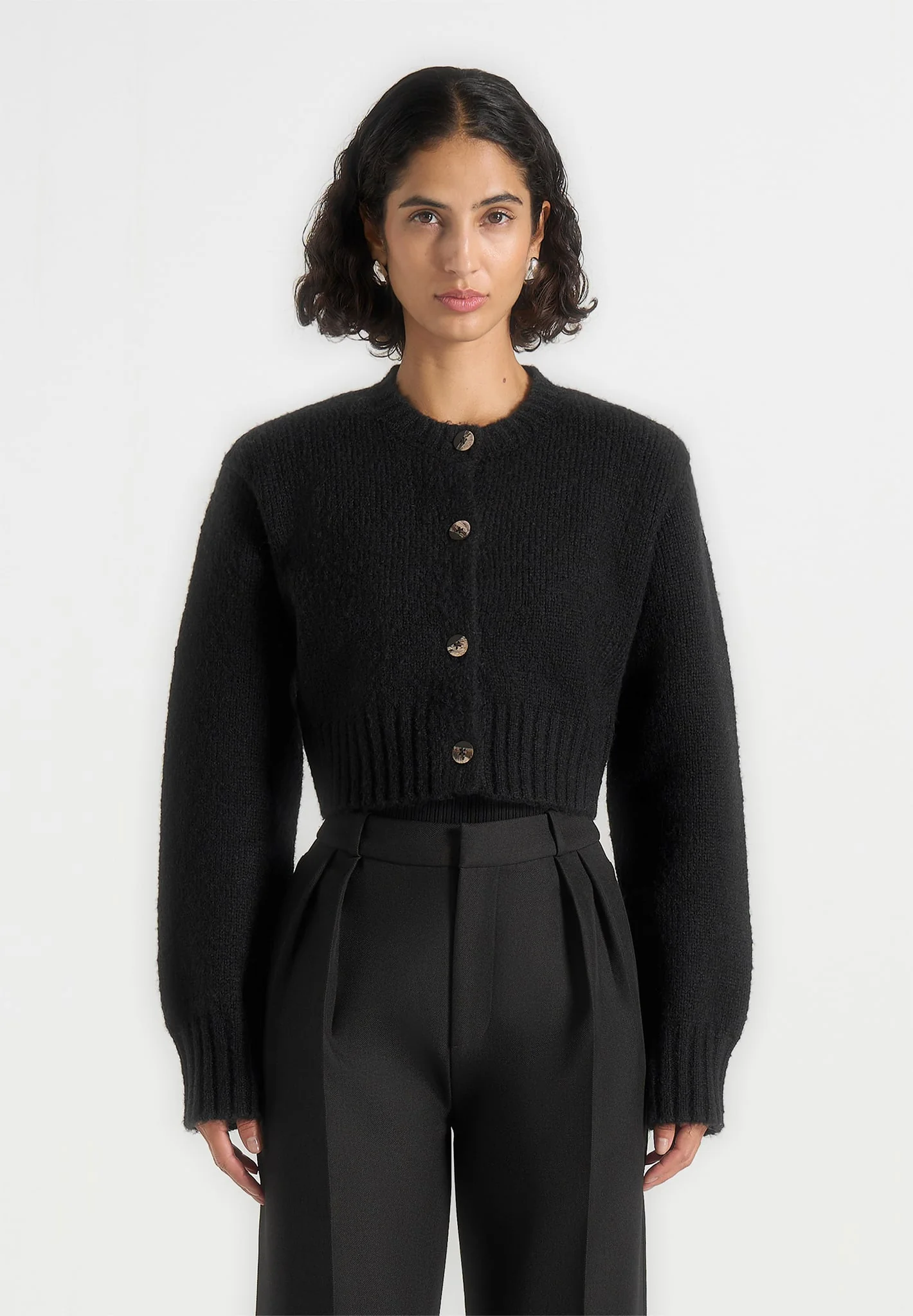Caren - Brushed Wool Knit Cardigan - Black - Image 3