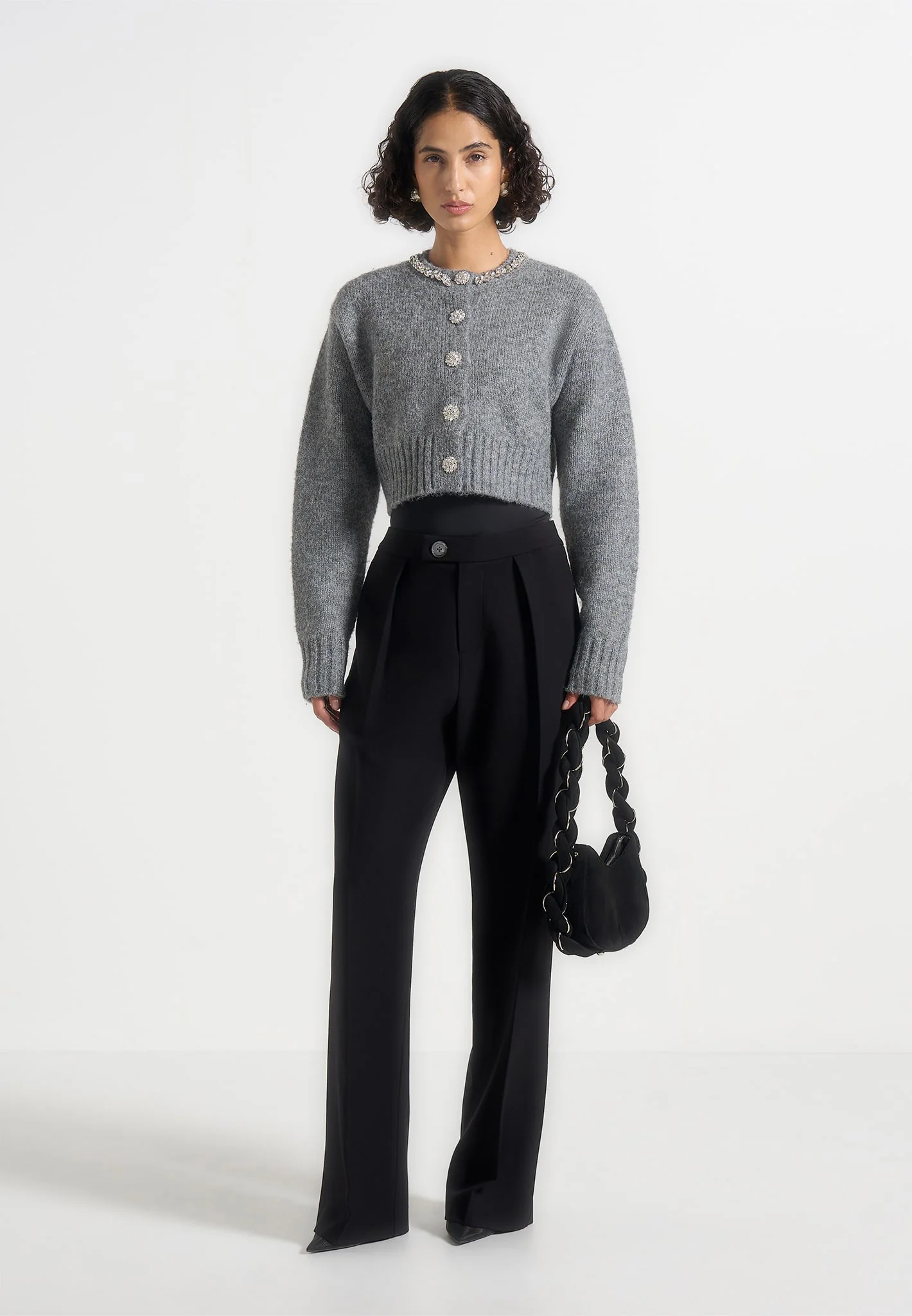 Caren - Embellished Brushed Wool Knit Cardigan - Grey - Image 4