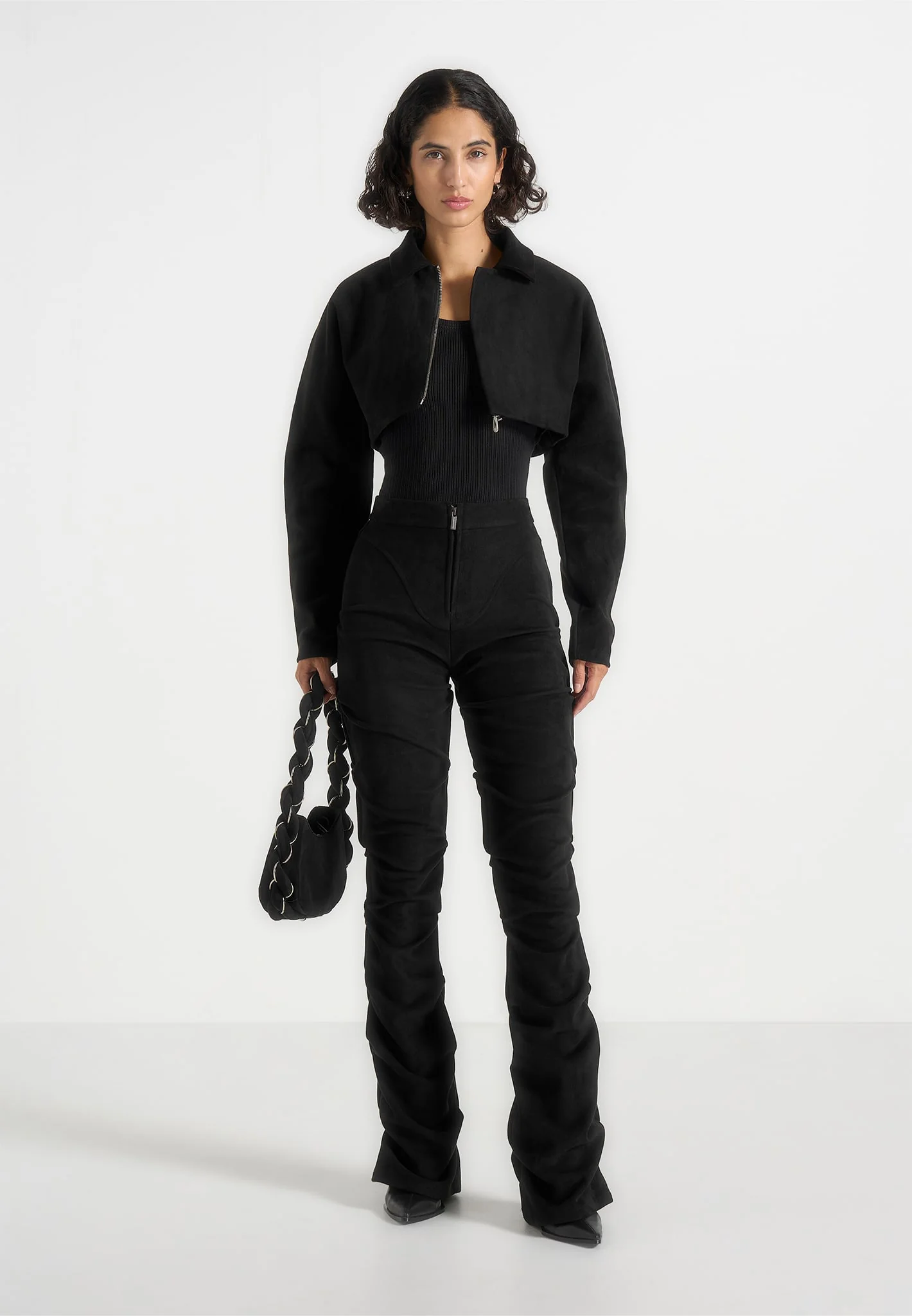 Caroline - Tacked Suede Flared Trousers - Black - Image 2
