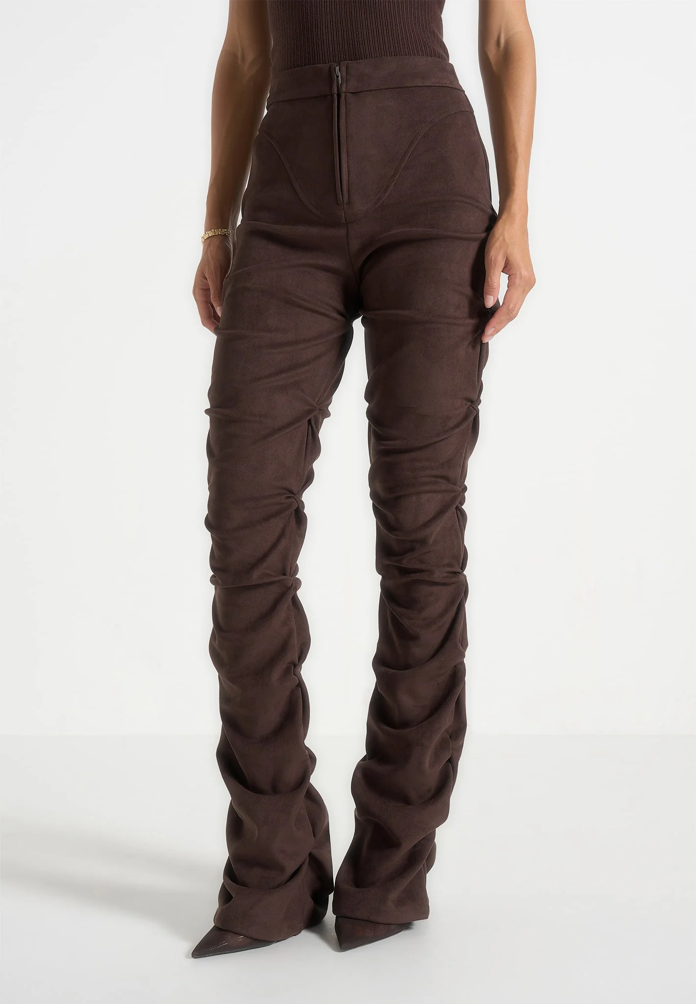 Caroline - Tacked Suede Flared Trousers - Brown