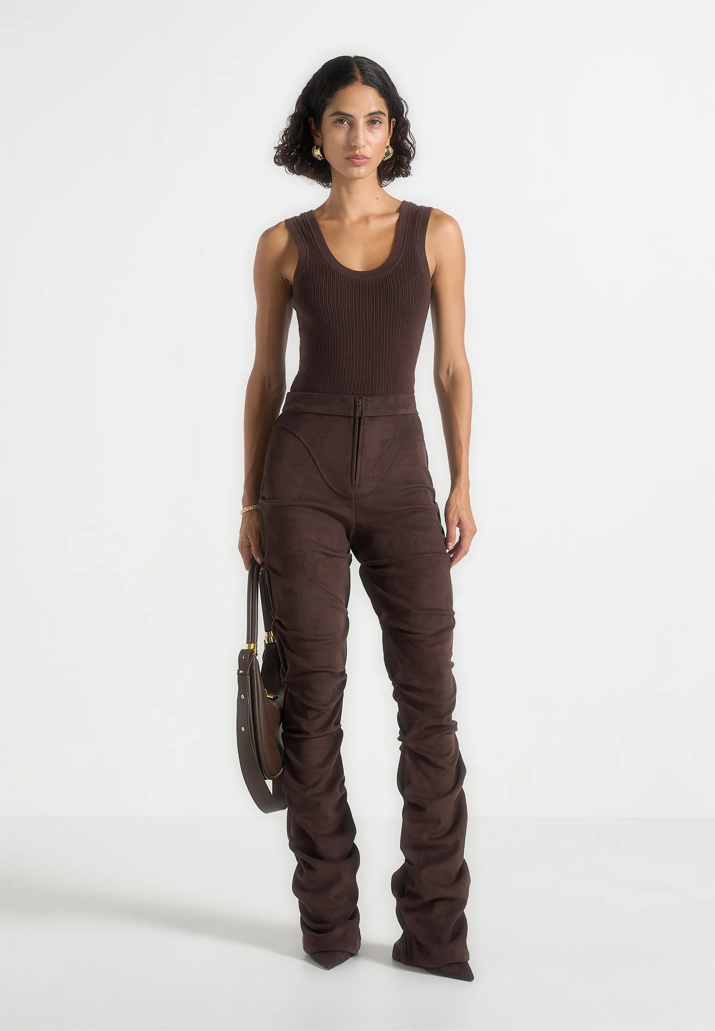 Caroline - Tacked Suede Flared Trousers - Brown - Image 2