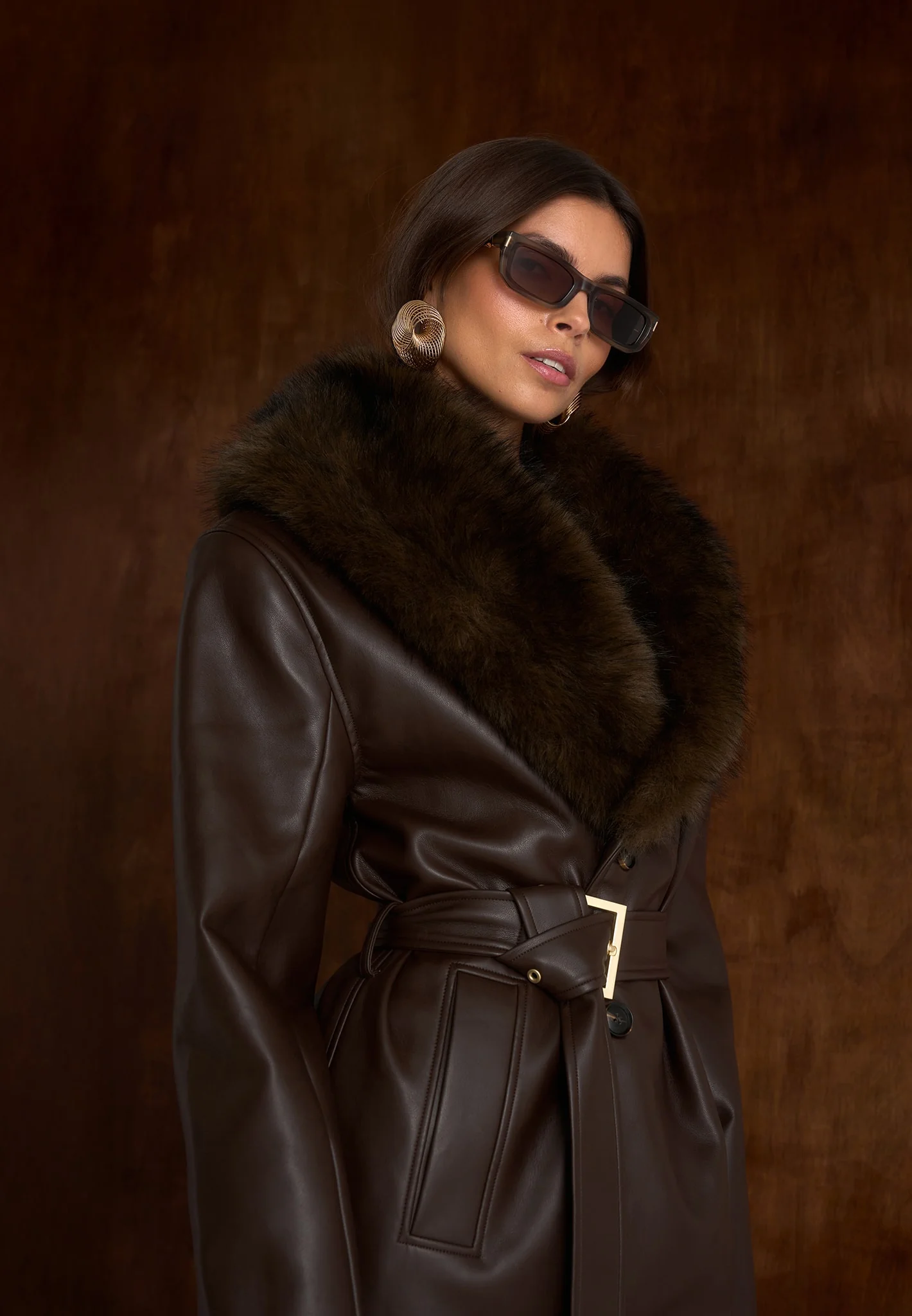 Cenya - Fur Collar Belted Leather Coat - Brown - Image 2