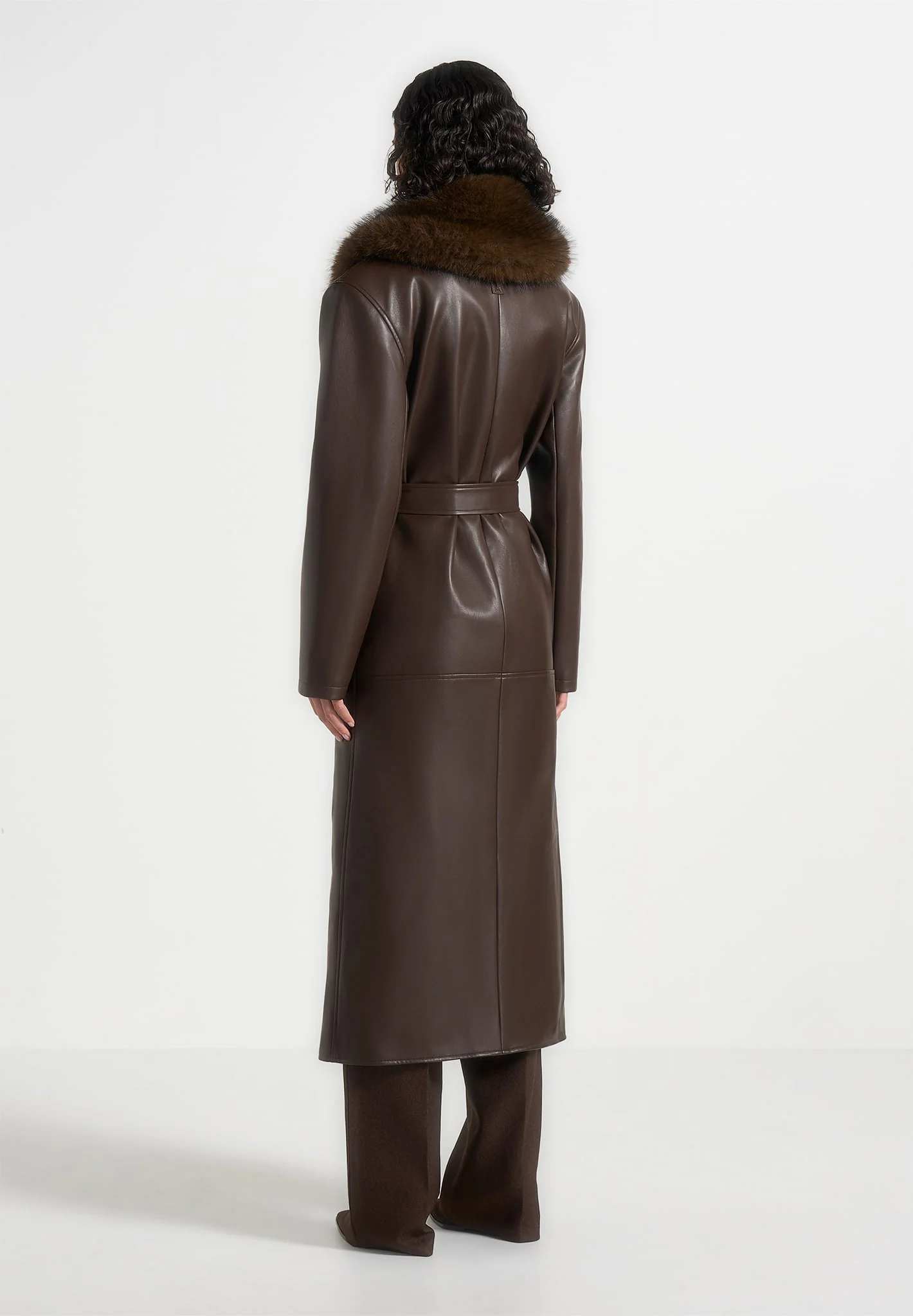 Cenya - Fur Collar Belted Leather Coat - Brown - Image 6