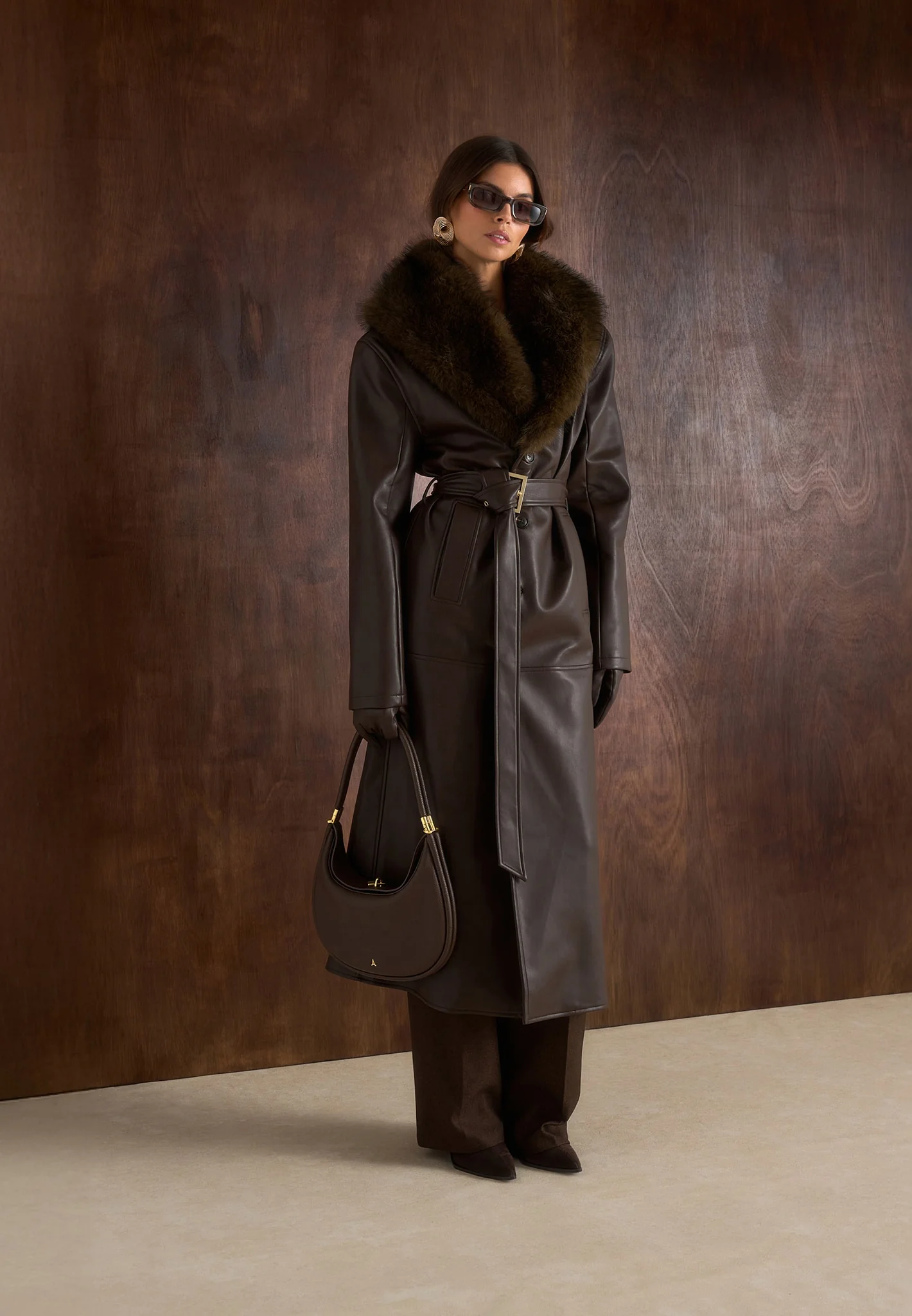 Cenya - Fur Collar Belted Leather Coat - Brown - Image 8