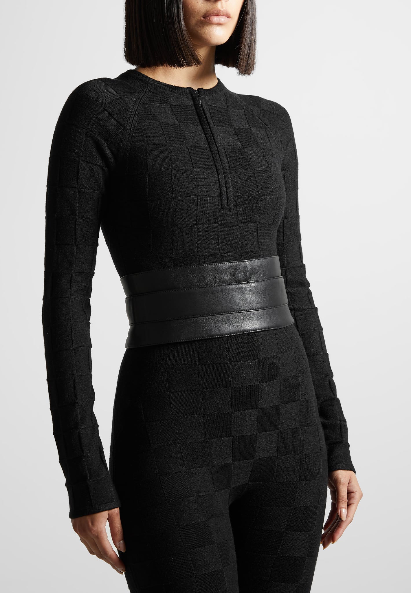 Chequerboard Knit Jumpsuit with Belt - Black - Image 4