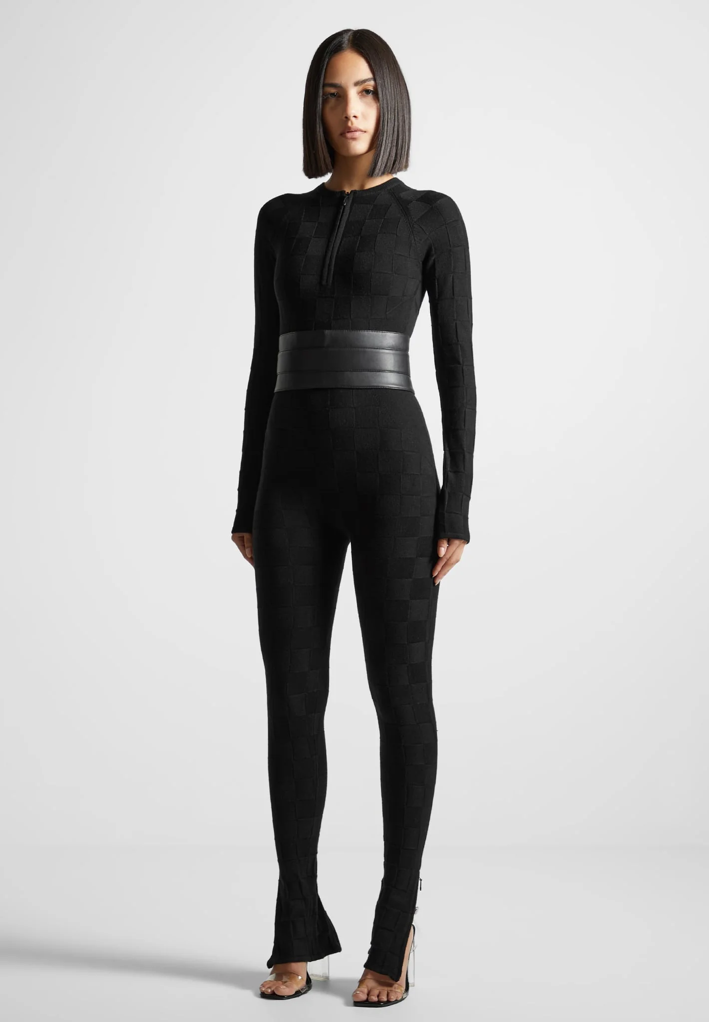 Chequerboard Knit Jumpsuit with Belt - Black - Image 5
