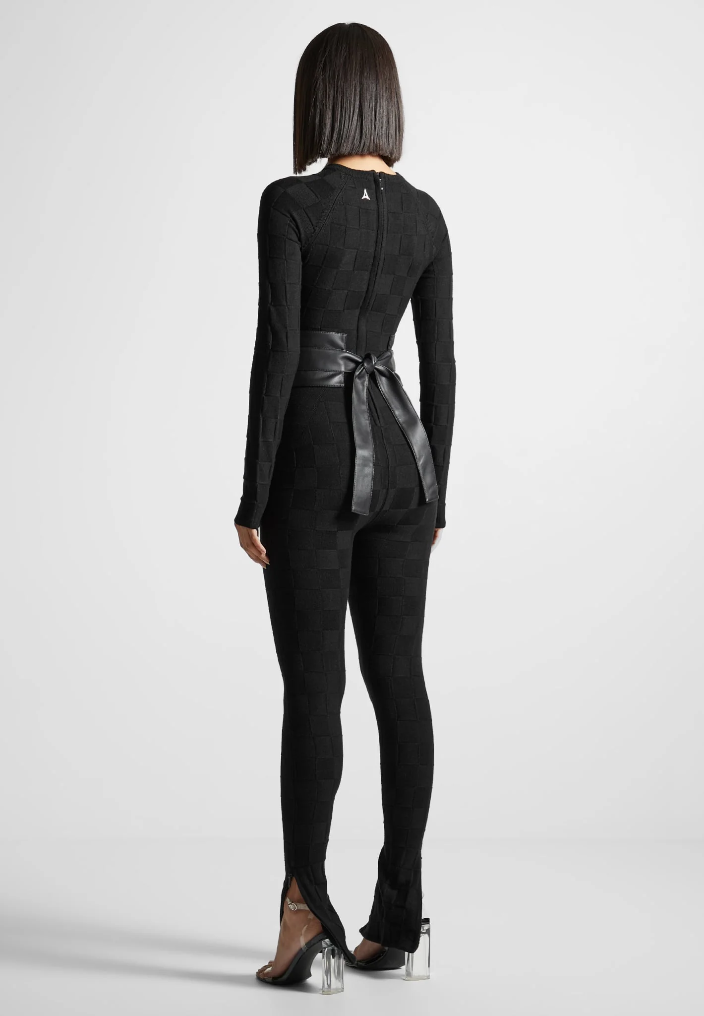 Chequerboard Knit Jumpsuit with Belt - Black - Image 6