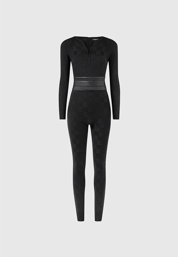 Chequerboard Knit Jumpsuit with Belt - Black - Image 8