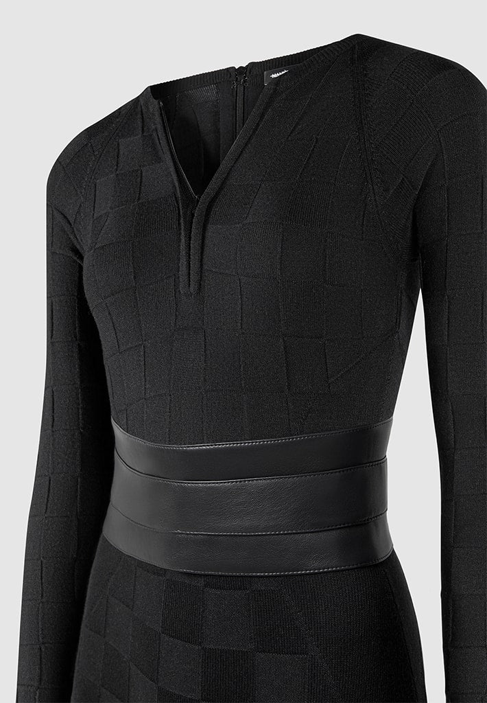 Chequerboard Knit Jumpsuit with Belt - Black - Image 9