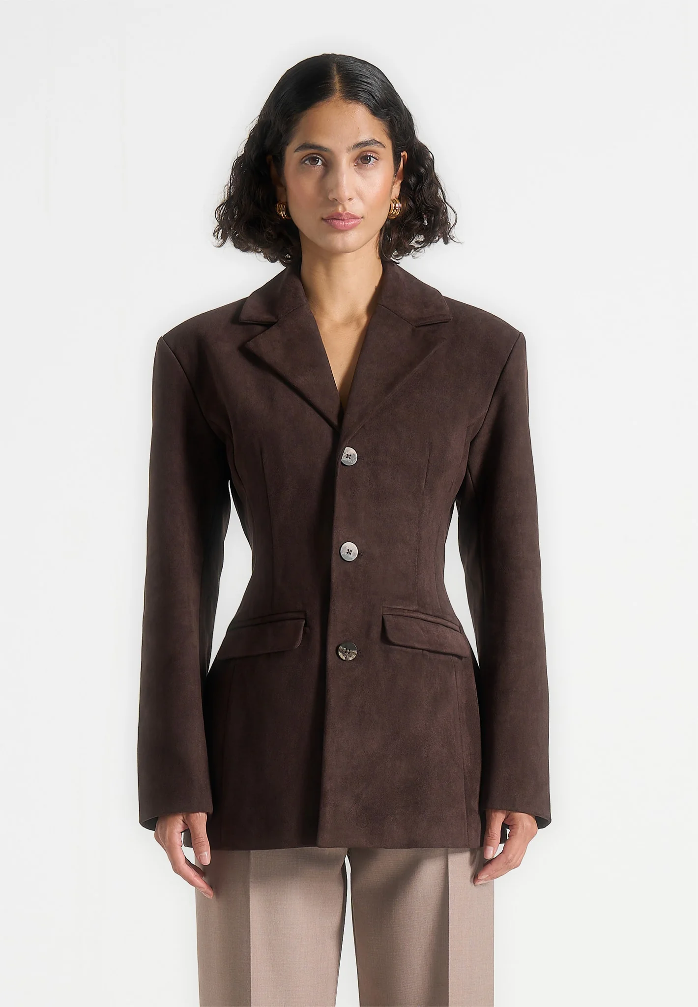 Claire - Suede Wide Shoulder Cinch Waist Blazer - Brown - Image 4