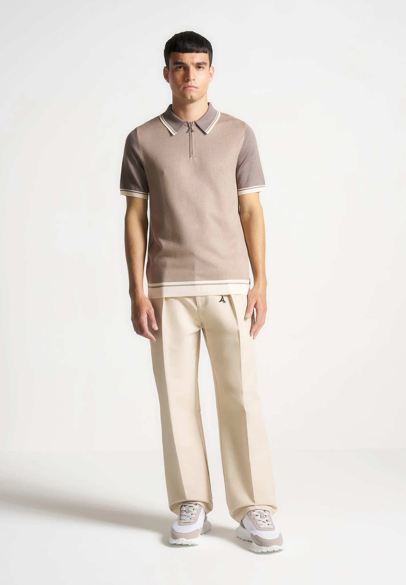 Colour Block Zip Polo Shirt - Taupe - Image 2