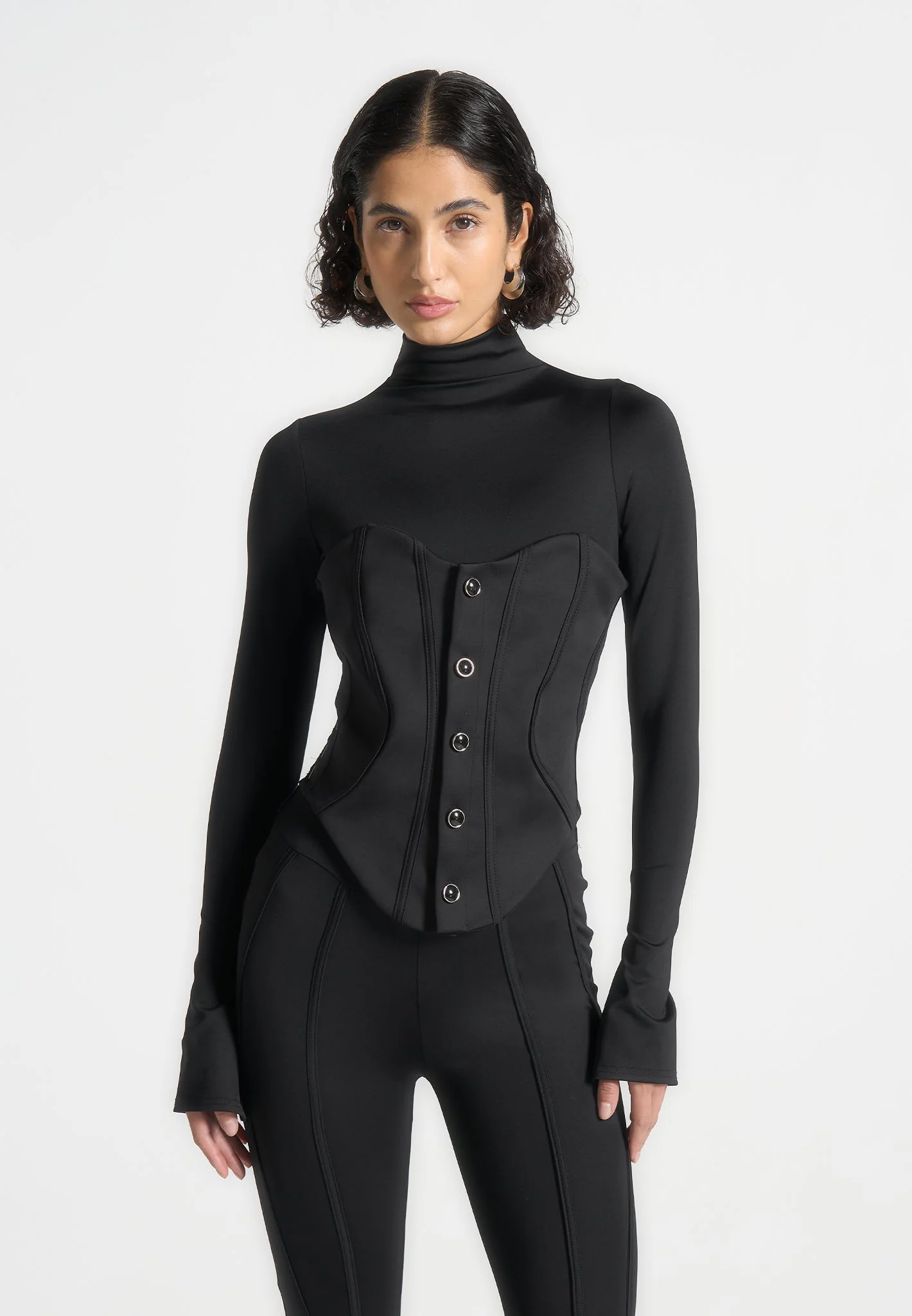 Contour Jumpsuit with Buttoned Corset - Black - Image 2