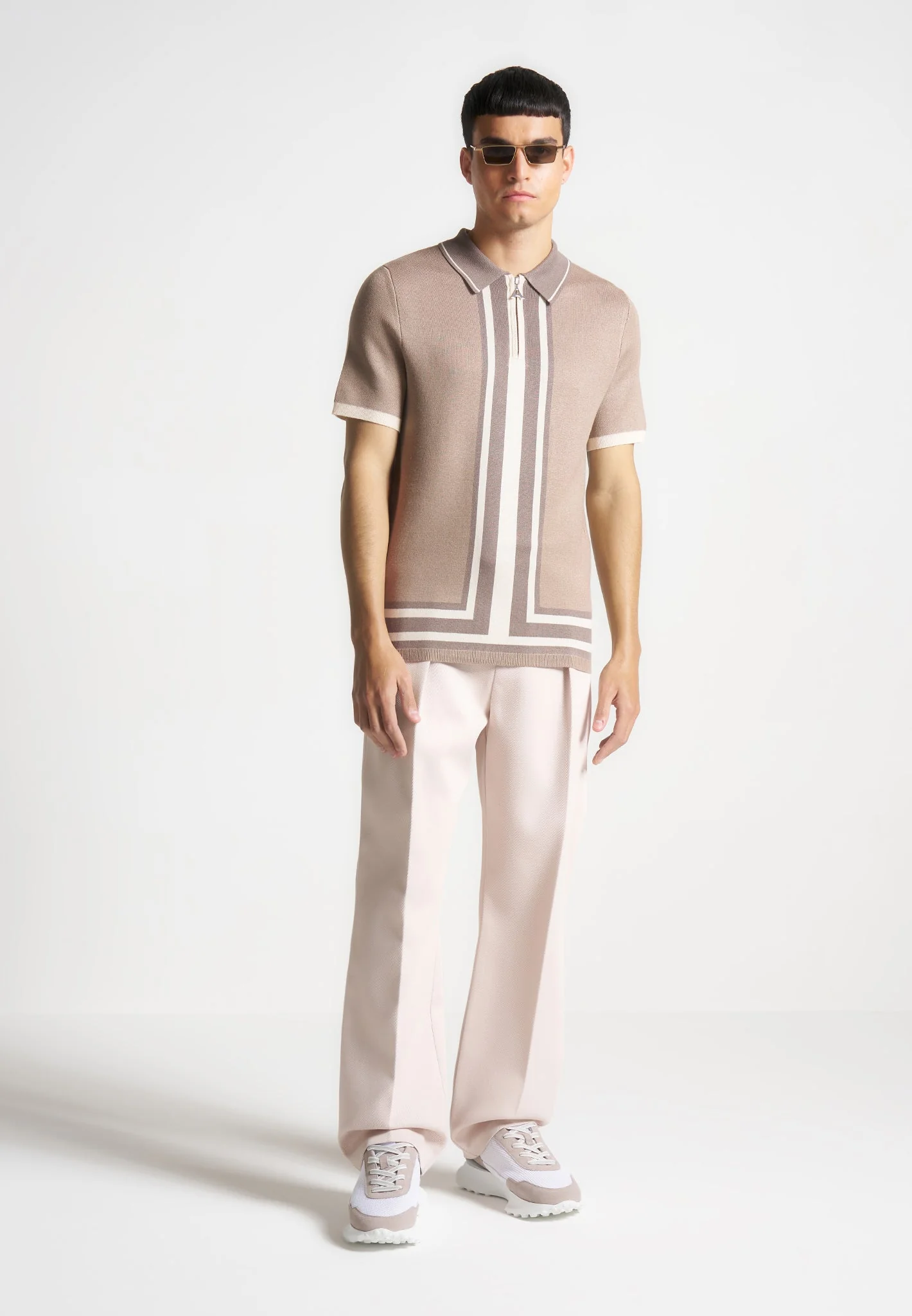 Contrast Border Knit Zip Polo Shirt - Taupe - Image 2