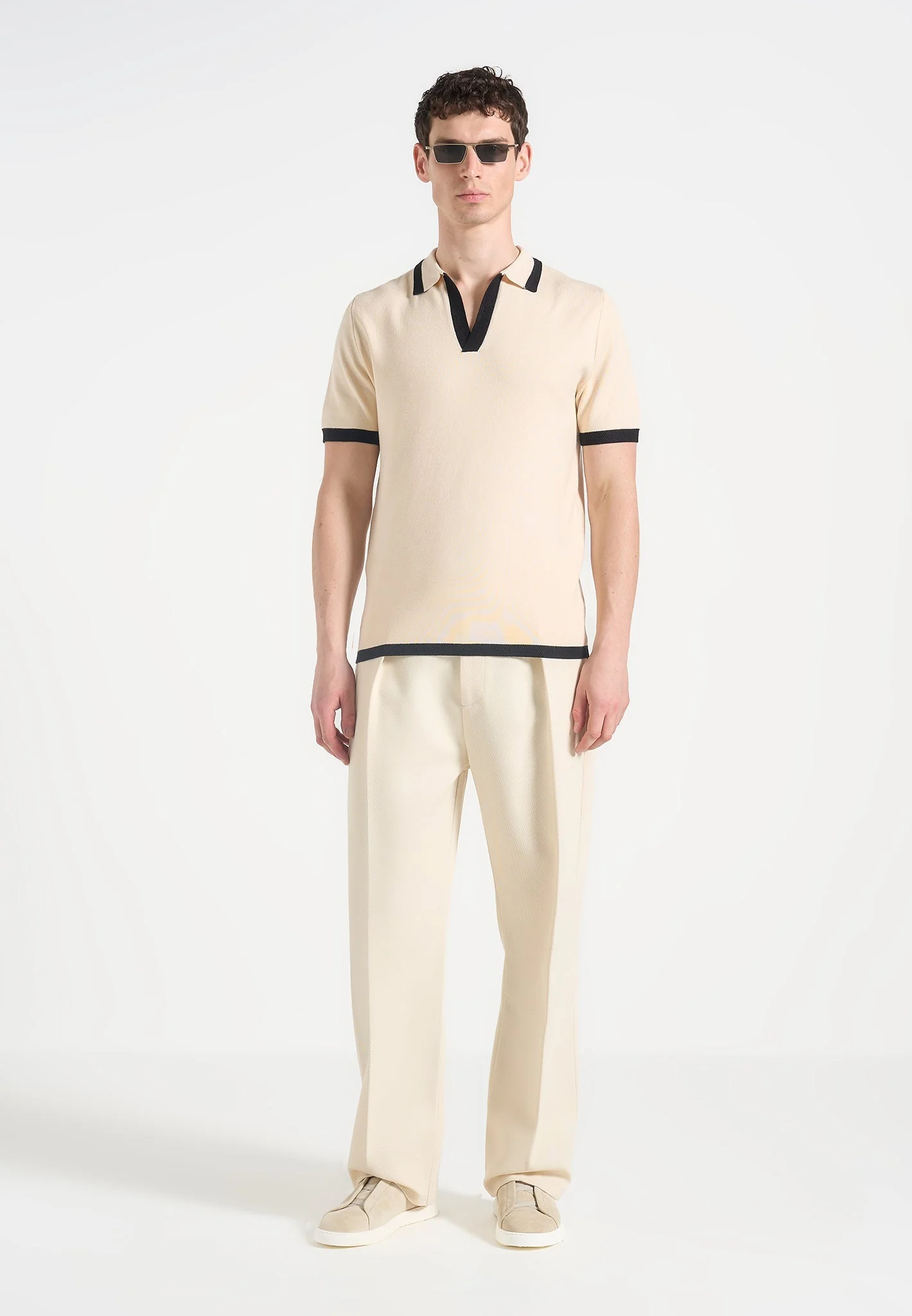Lambert - Contrast Detail Knit Polo Shirt - Cream