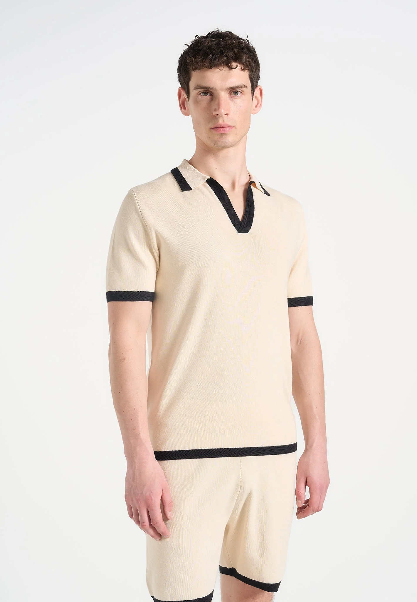 Lambert - Contrast Detail Knit Polo Shirt - Cream - Image 2
