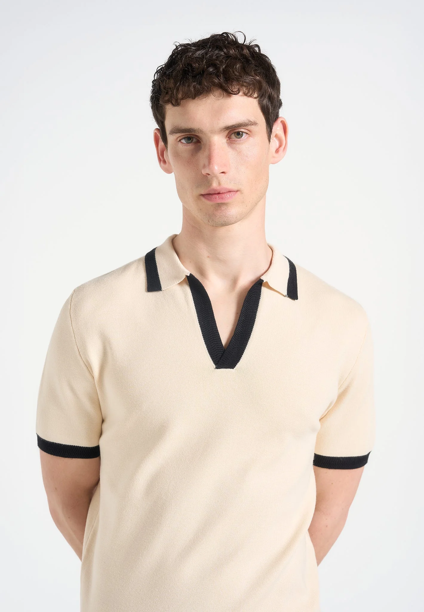 Lambert - Contrast Detail Knit Polo Shirt - Cream - Image 3