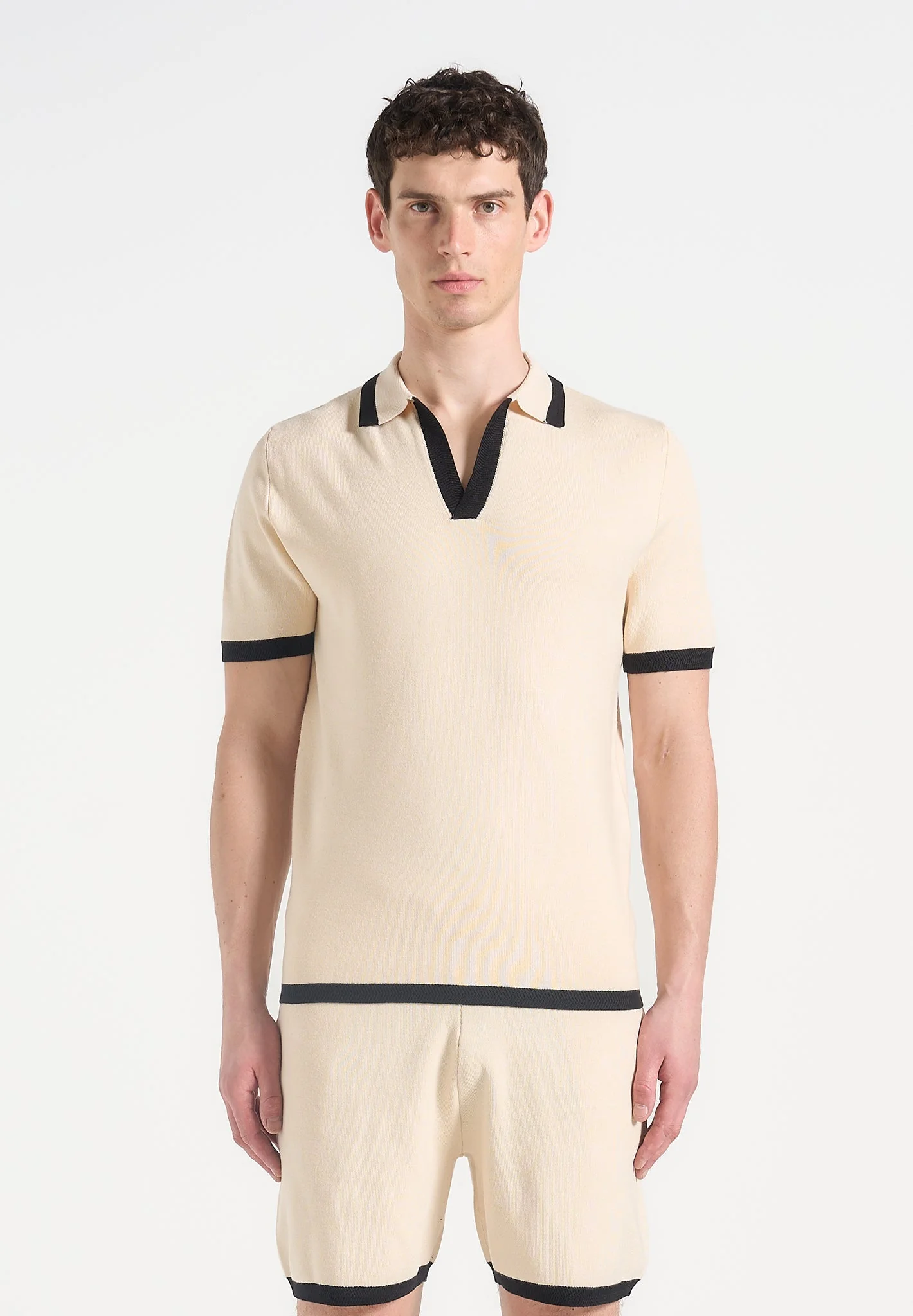 Lambert - Contrast Detail Knit Polo Shirt - Cream - Image 5