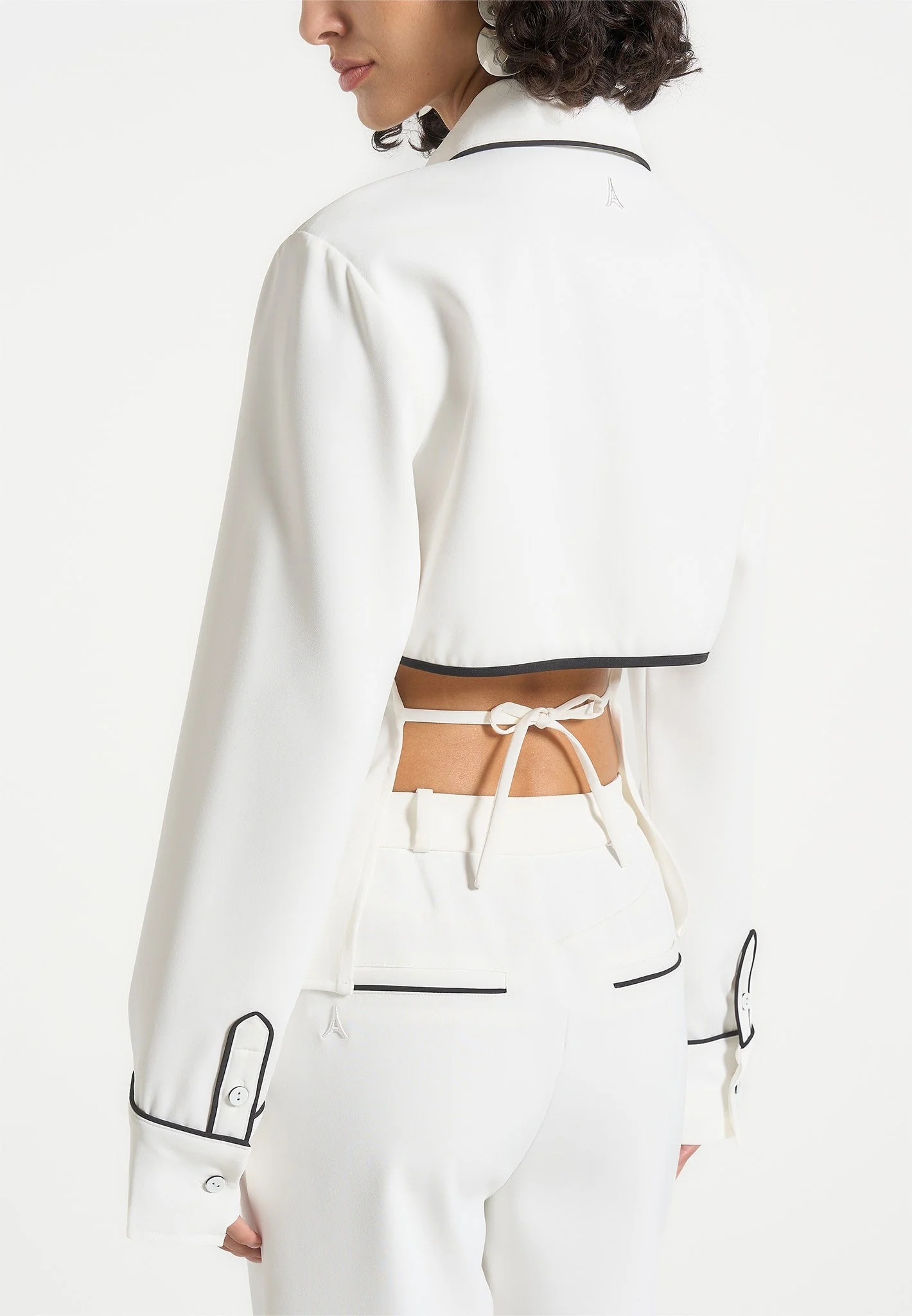 Contrast Piped Backless Tie Shirt - White/Black - Image 3