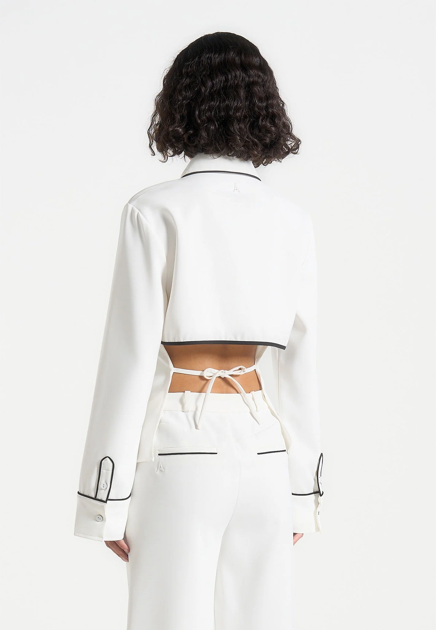 Contrast Piped Backless Tie Shirt - White/Black - Image 4