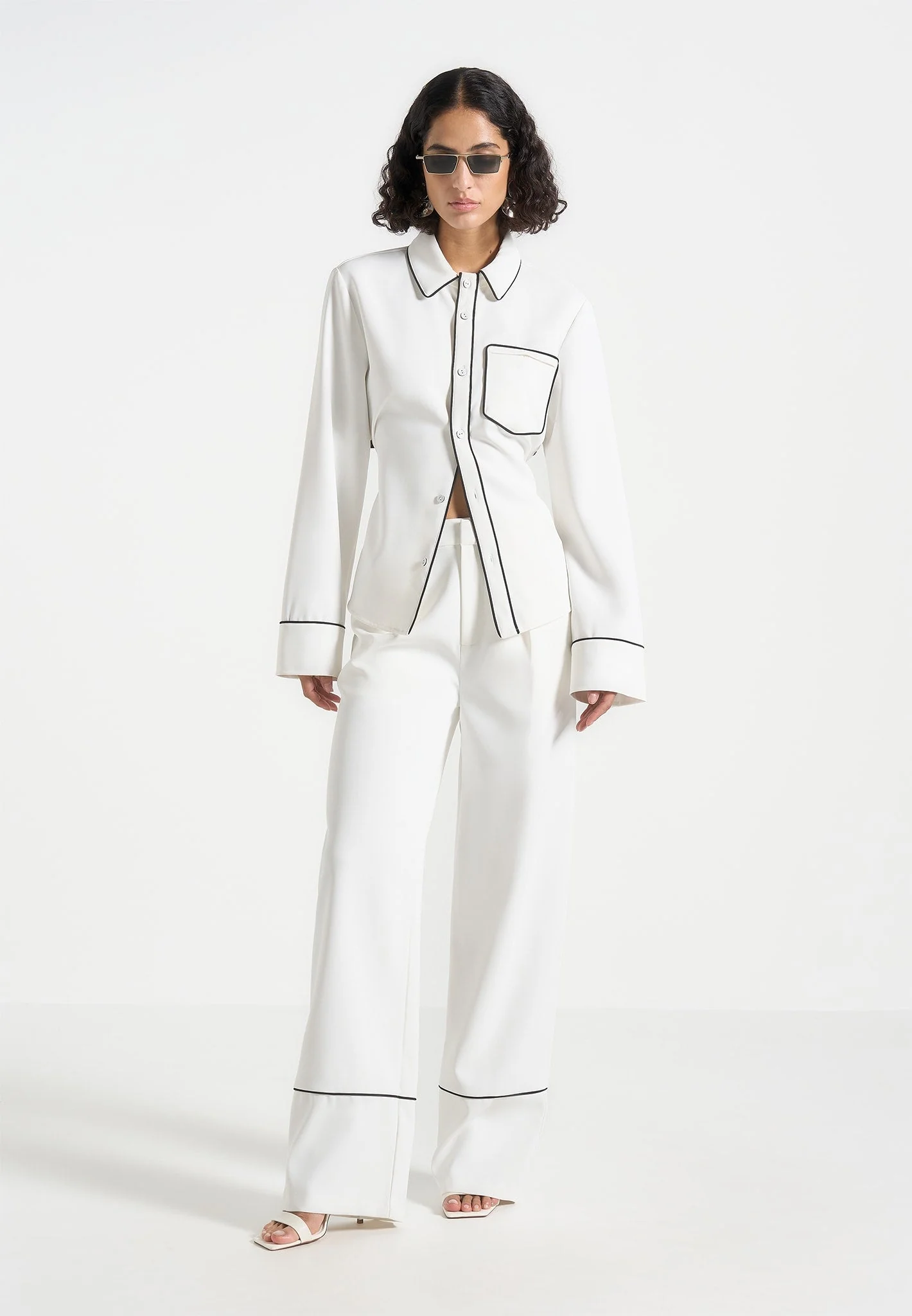 Mina - Contrast Piped Pleated Trousers - White/Black