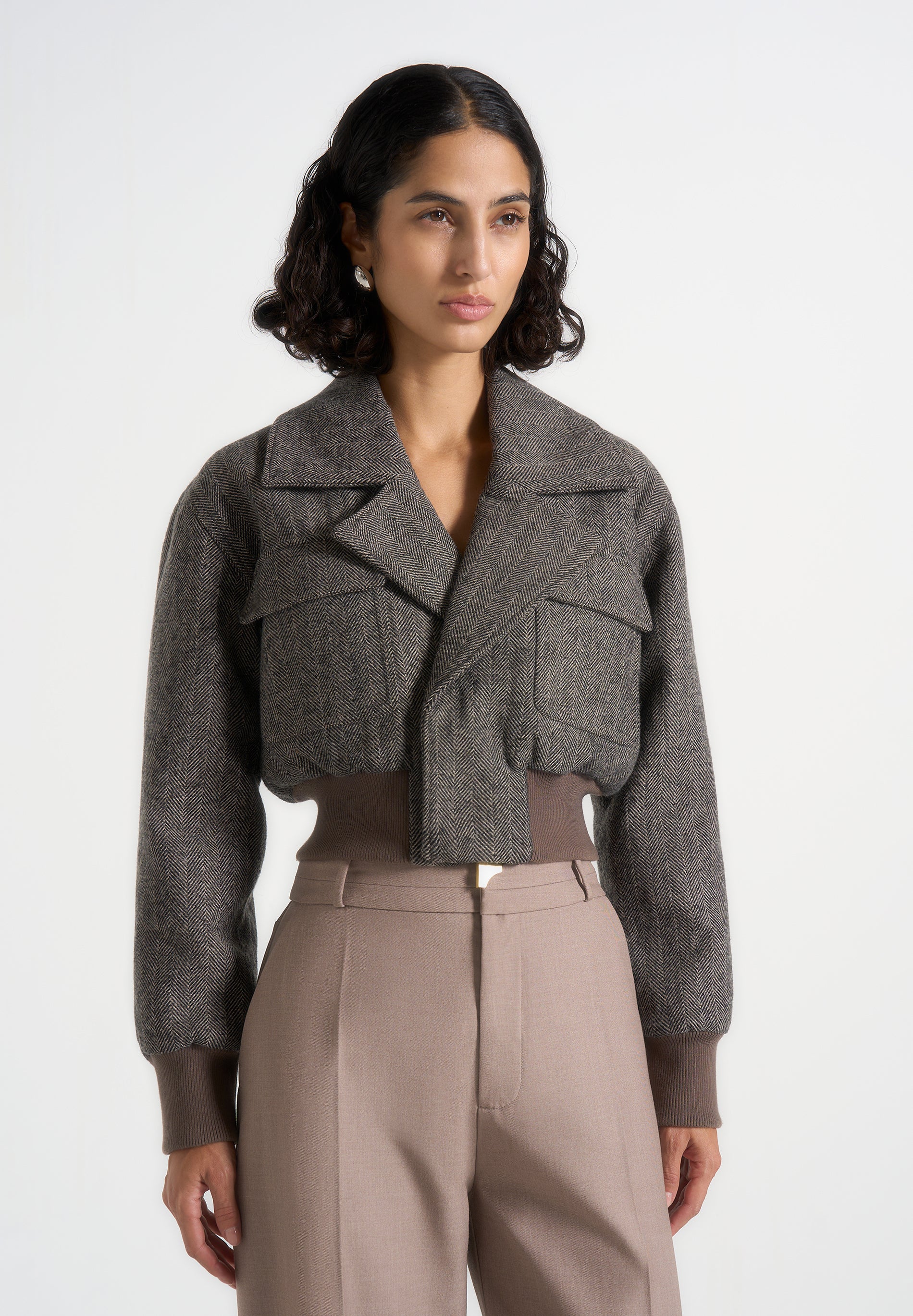 Cosette - Herringbone Wool Lapel Bomber Jacket - Grey - Image 4