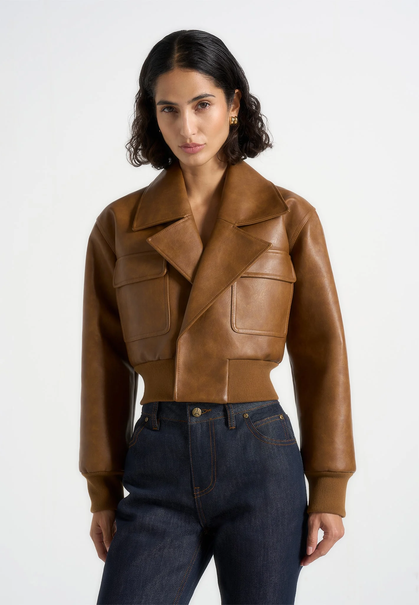 Cosette - Vintage Leather Lapel Bomber Jacket - Brown - Image 2