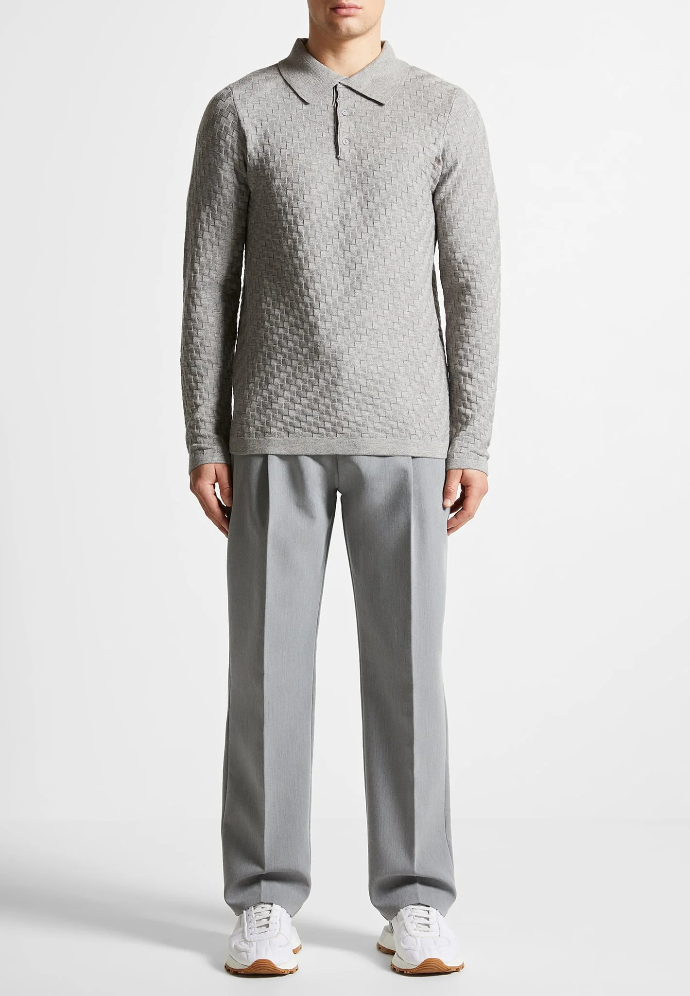 Cotton Blend Waffle Knit Long Sleeve Polo Top - Grey - Image 2