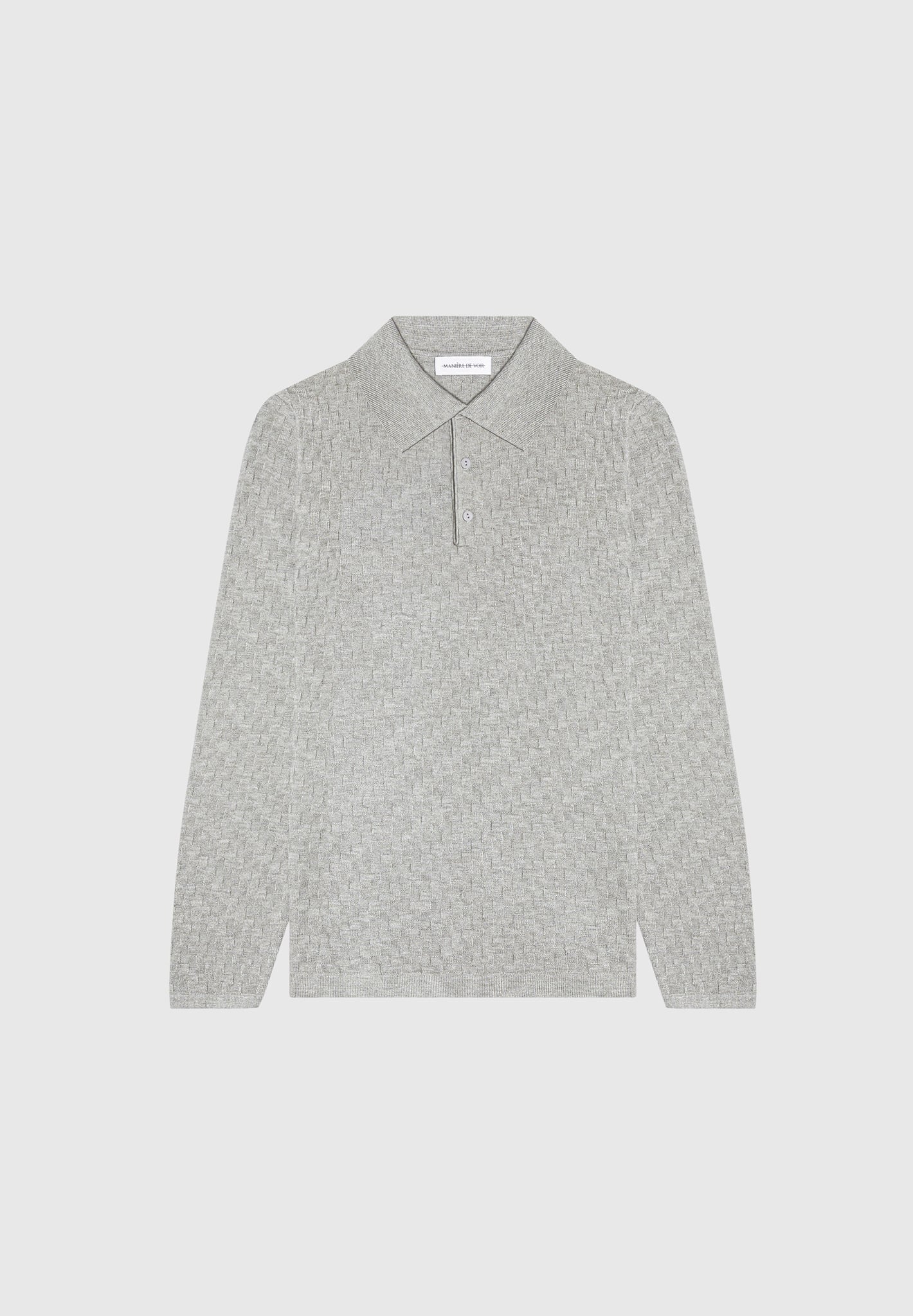 Cotton Blend Waffle Knit Long Sleeve Polo Top - Grey - Image 3